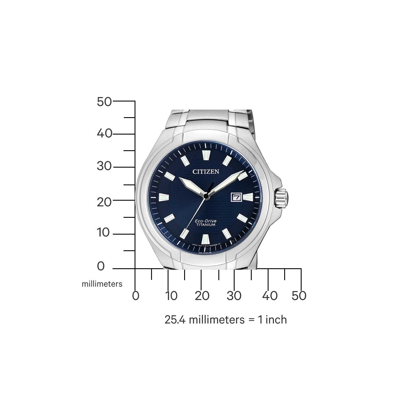 Citizen horloge met blauwe wijzerplaat en titanium band, Eco-Drive technologie.