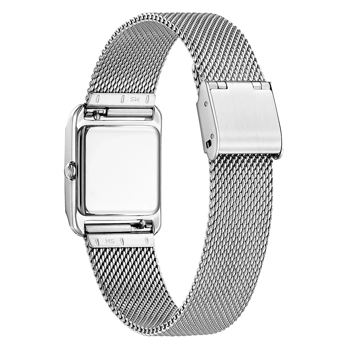 Zilveren horloge met mesh band, rechthoekige wijzerplaat, sluiting en MS markeringen.