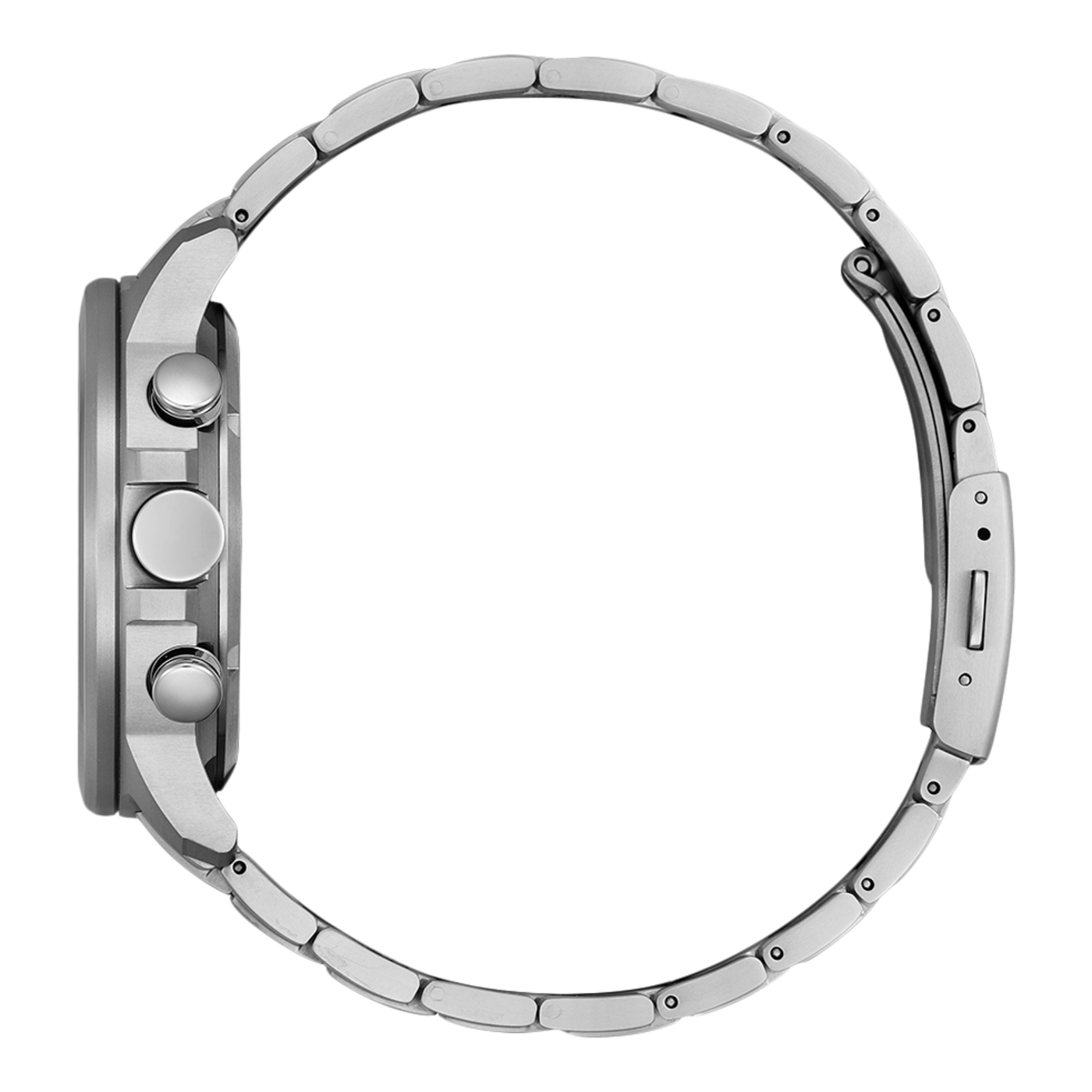 Zijaanzicht van een zilveren polshorloge met metalen band en knoppen.