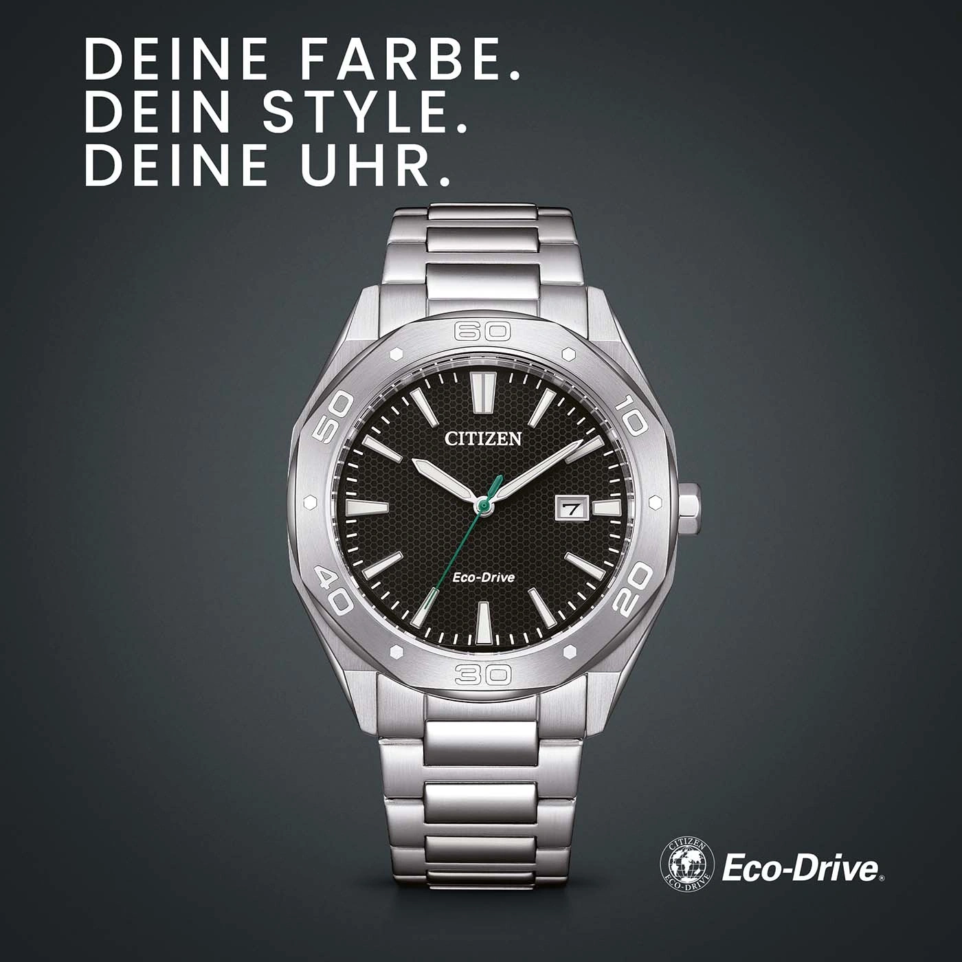 Citizen horloge met zwarte wijzerplaat en zilveren band, Eco-Drive technologie.