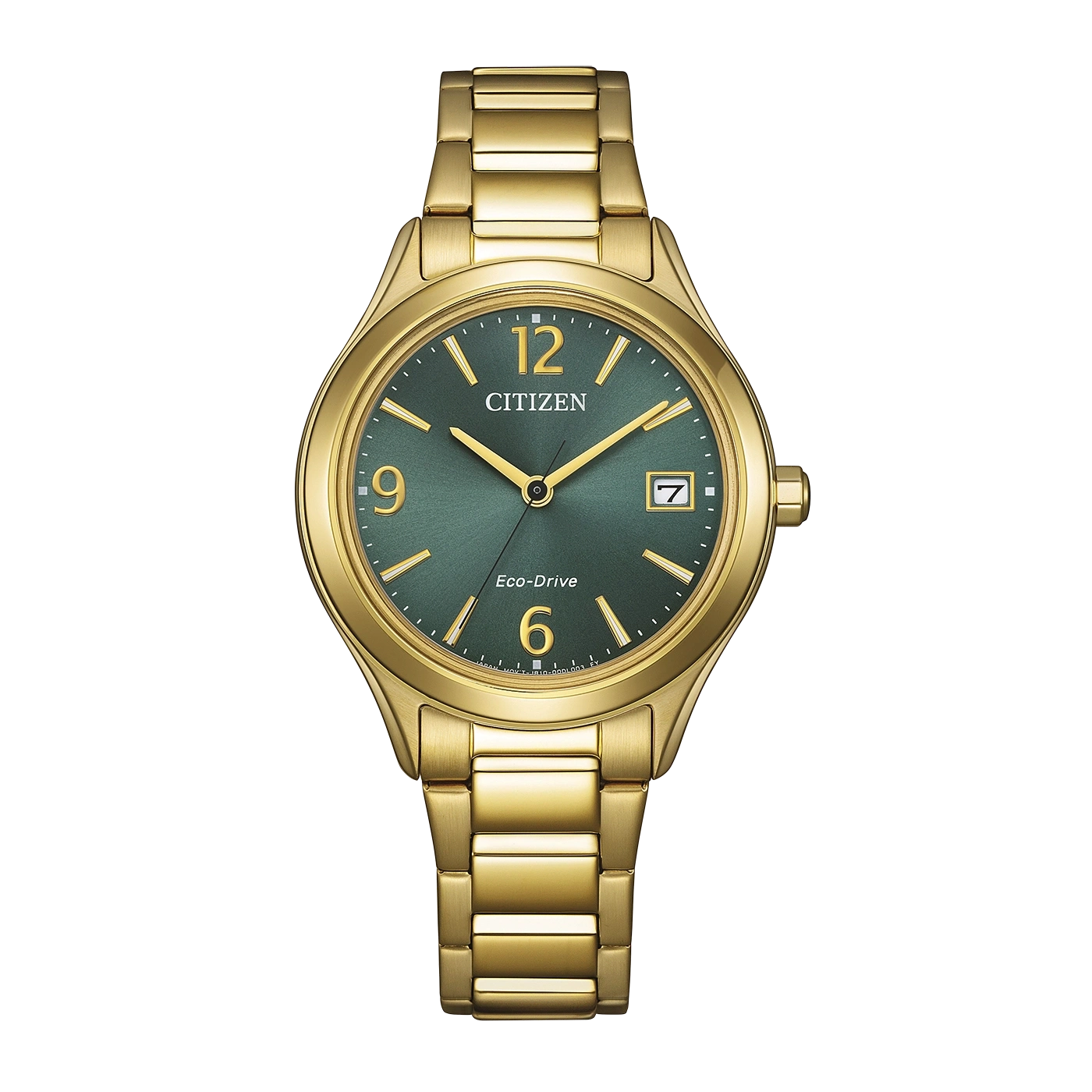 Een gouden Citizen Eco-Drive horloge met een groen wijzerplaat en datumvenster.