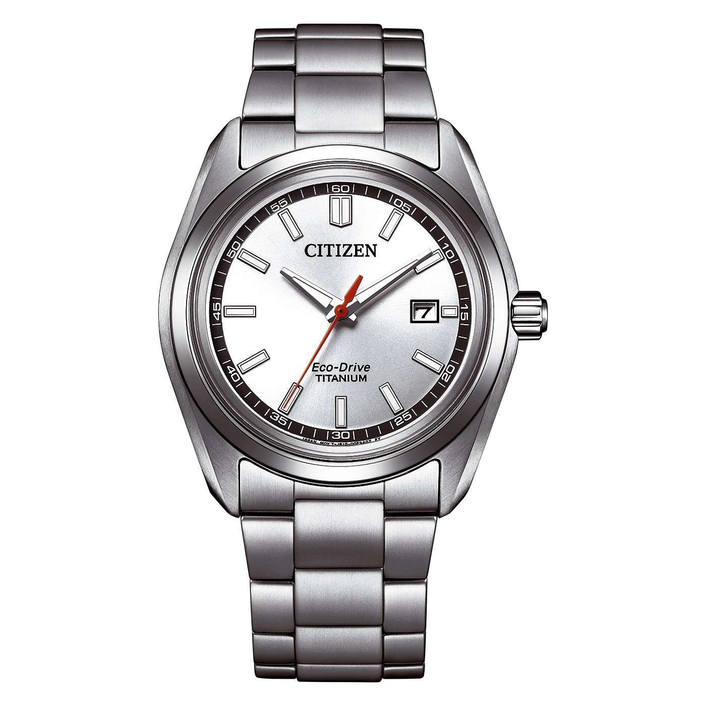 Een zilveren Citizen Eco-Drive Titanium horloge met een witte wijzerplaat.