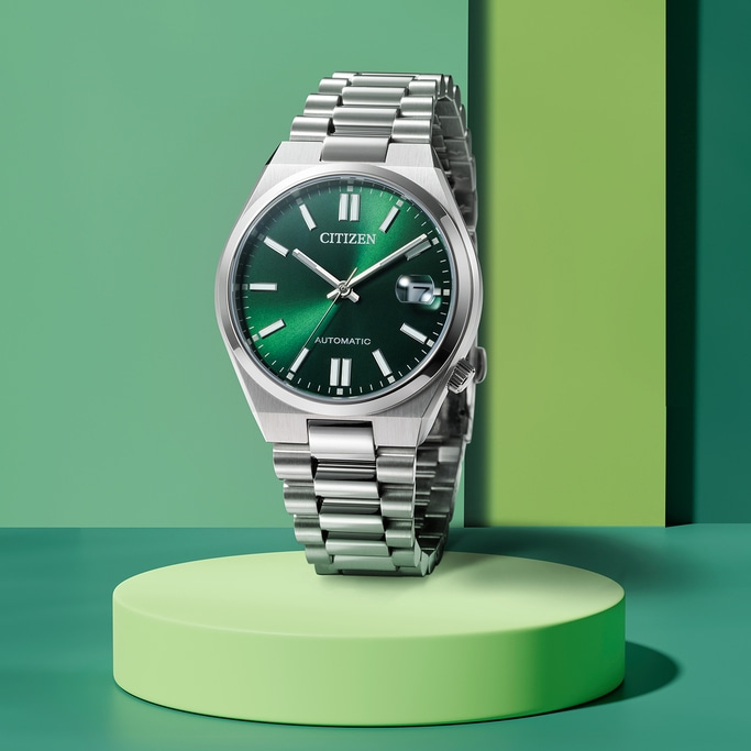 Citizen horloge met groene wijzerplaat en zilveren band op groen platform.