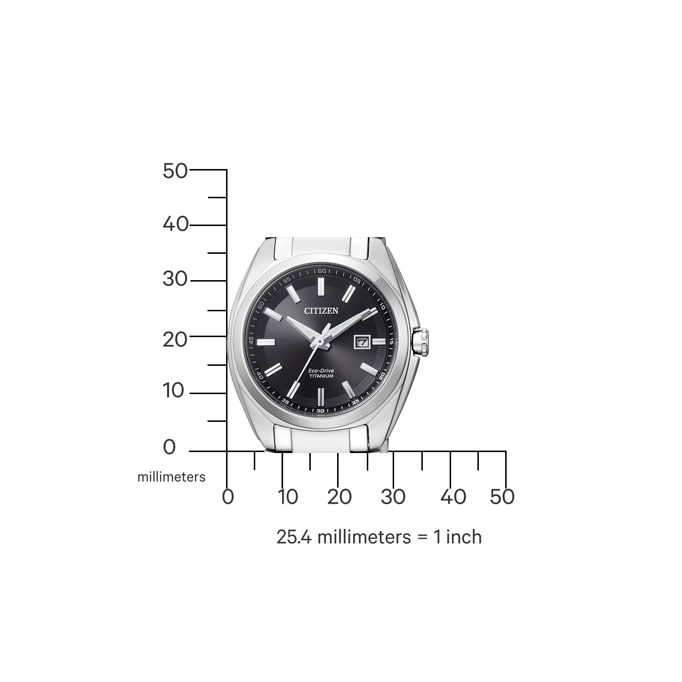 Citizen horloge met zwarte wijzerplaat, titanium en meetschaal.