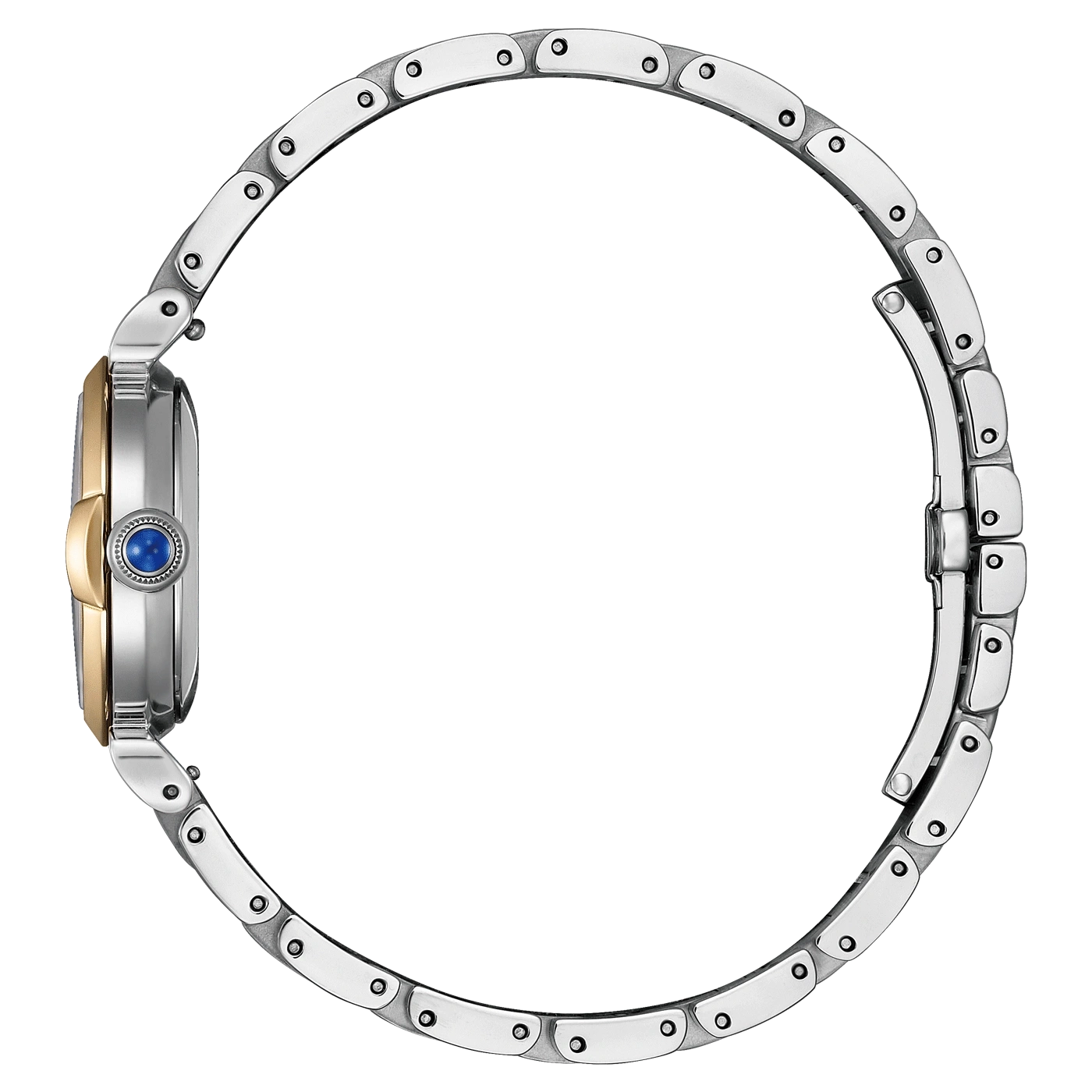 Zilveren horloge met gouden accenten en een blauwe edelsteen op een witte achtergrond.