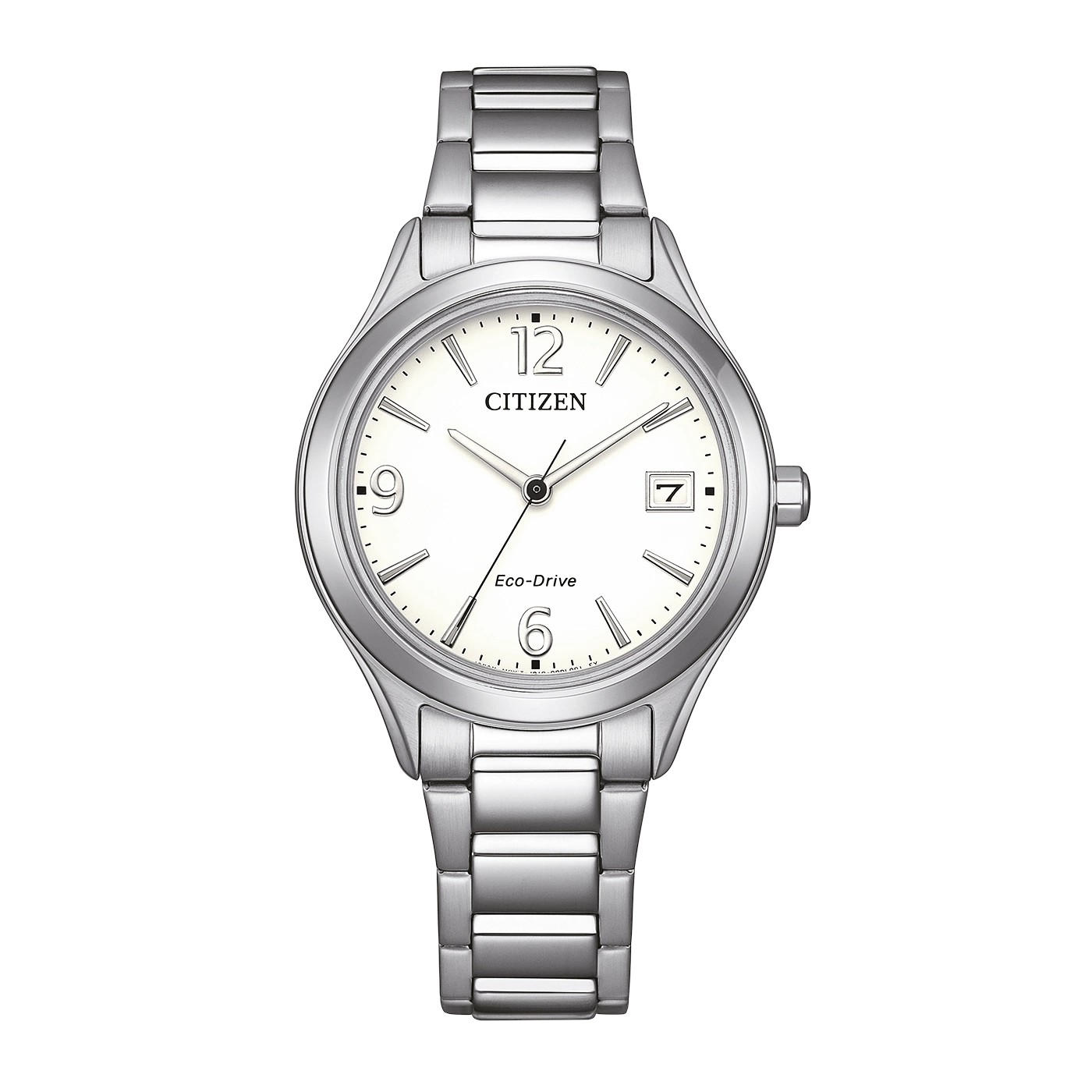 Een Citizen Eco-Drive horloge met witte wijzerplaat en zilveren band.