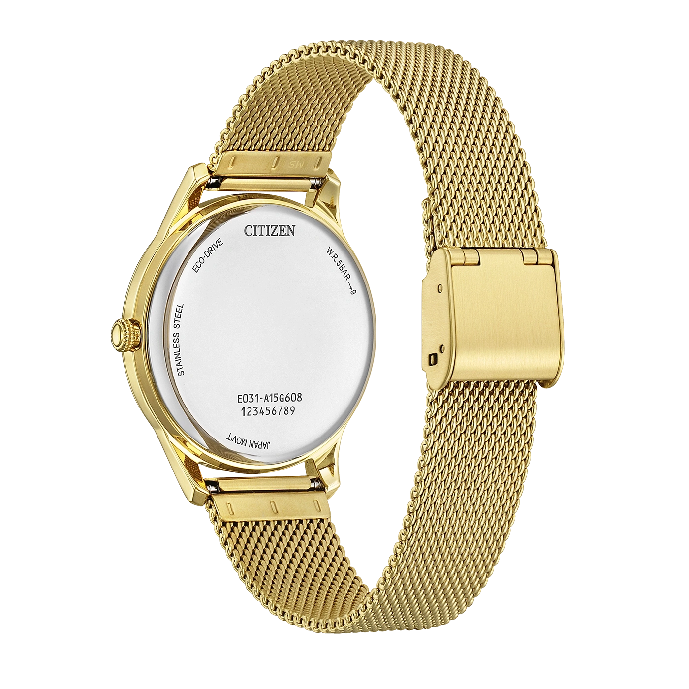 Gouden Citizen Eco-Drive horloge met mesh band, achterkant zichtbaar.