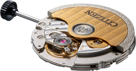 Close-up van een Citizen uurwerk, met ingewikkelde tandwielen en componenten.