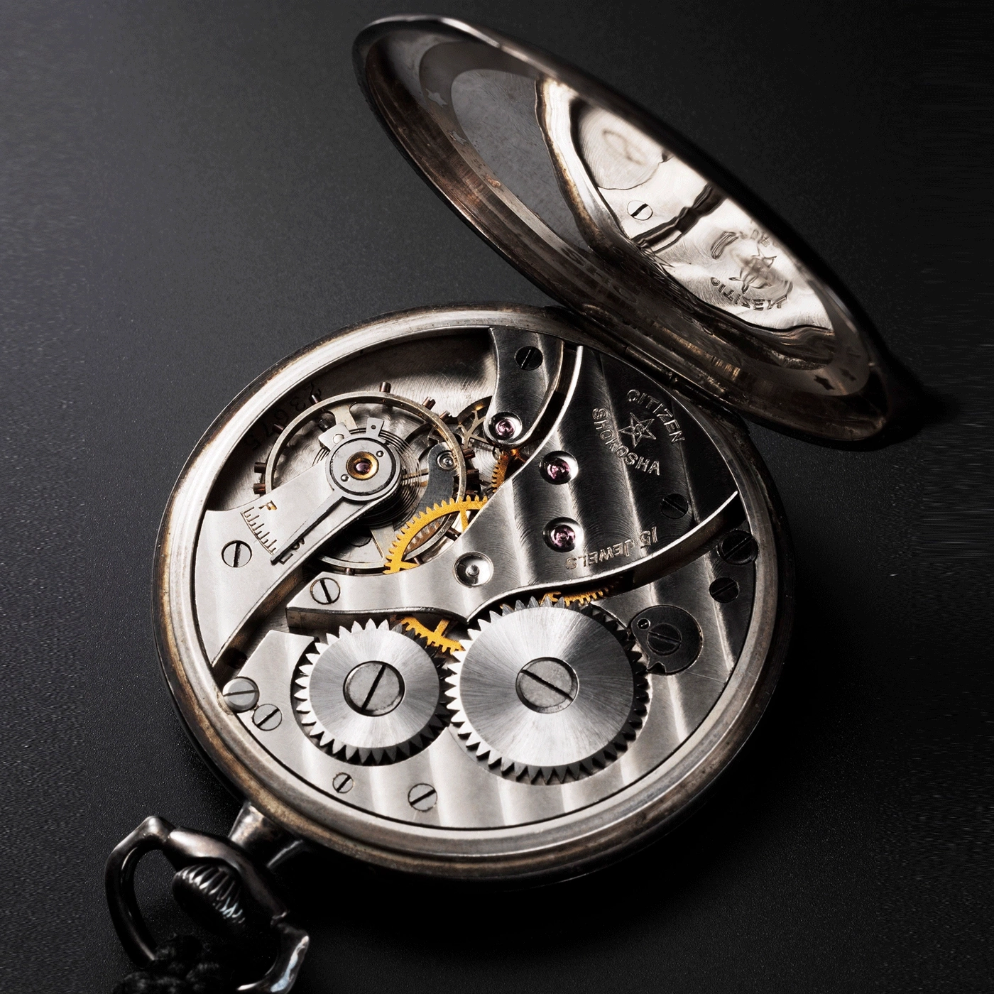 Close-up van een Citizen Shokosha zakhorloge met ingewikkelde tandwielen en details.