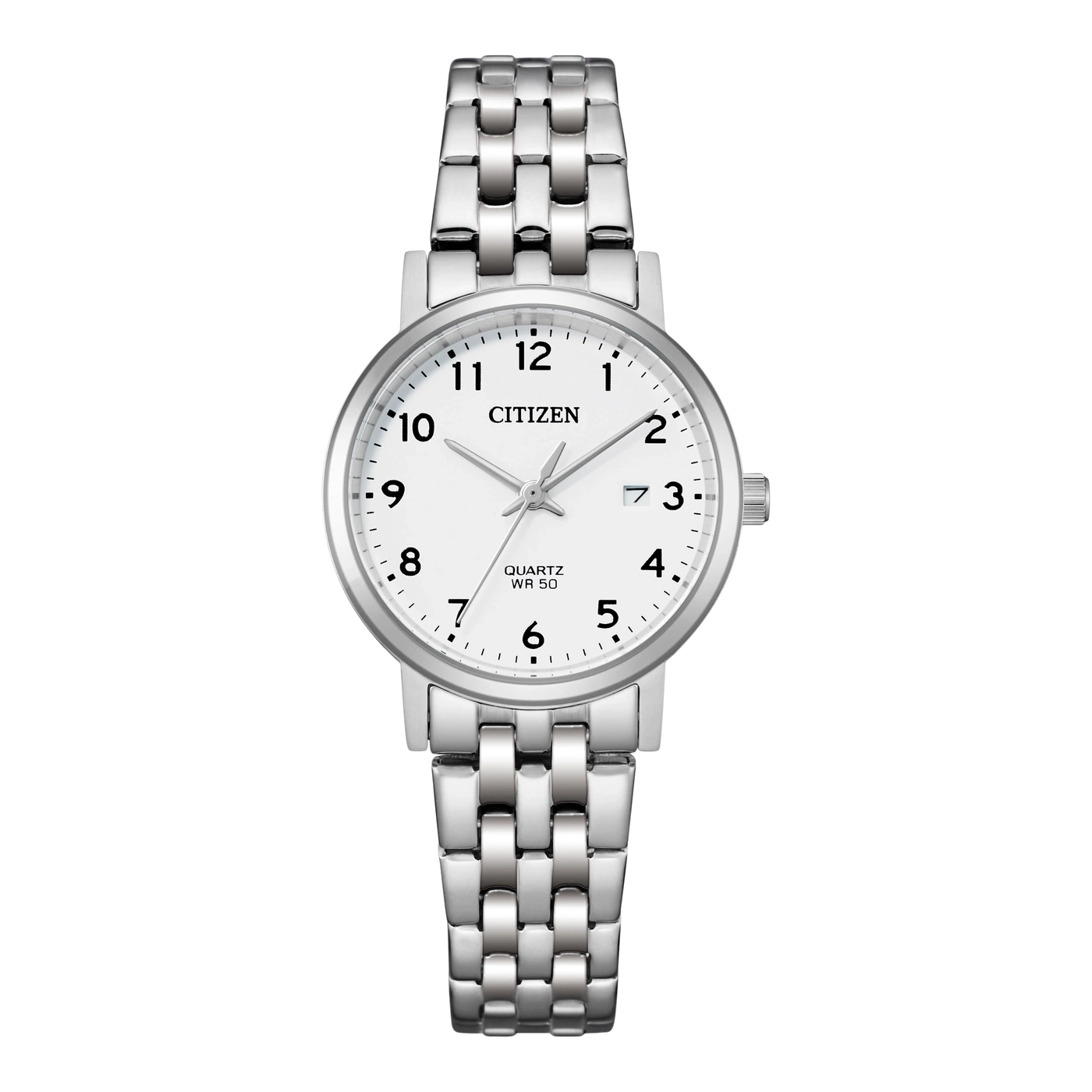 Citizen horloge met witte wijzerplaat en zilveren band, die de tijd aangeeft.