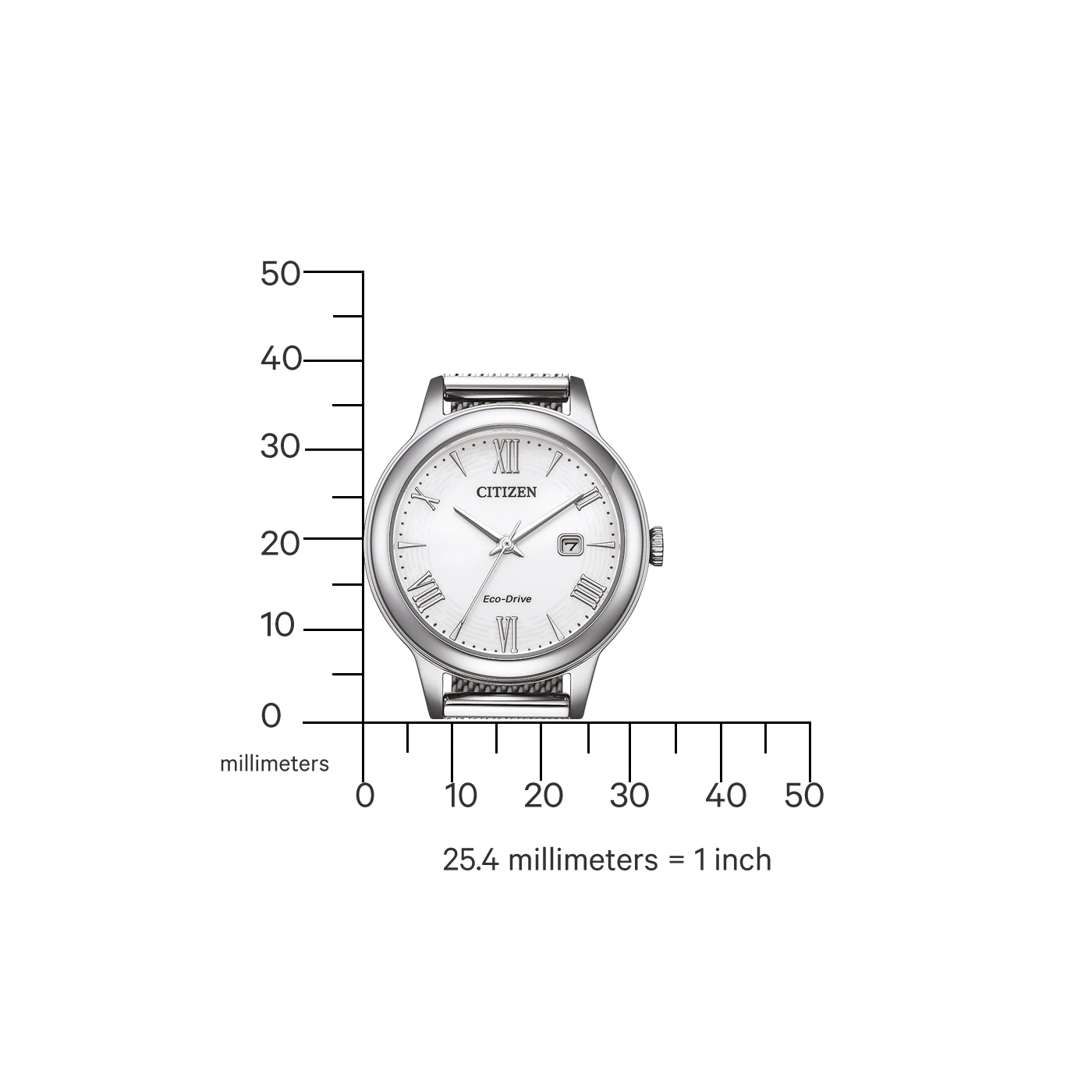 Citizen horloge met witte wijzerplaat, meting in millimeters, met een schaal van 25,4 millimeter = 1 inch.
