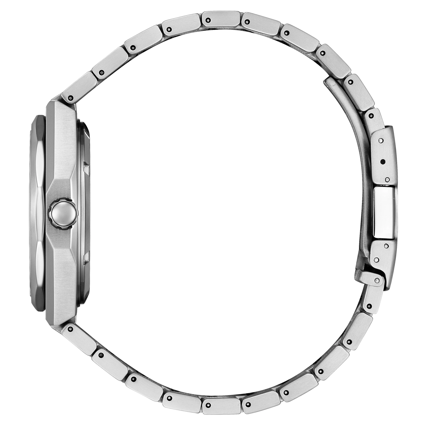 Zijaanzicht van een zilveren polshorloge met metalen band, elegant design