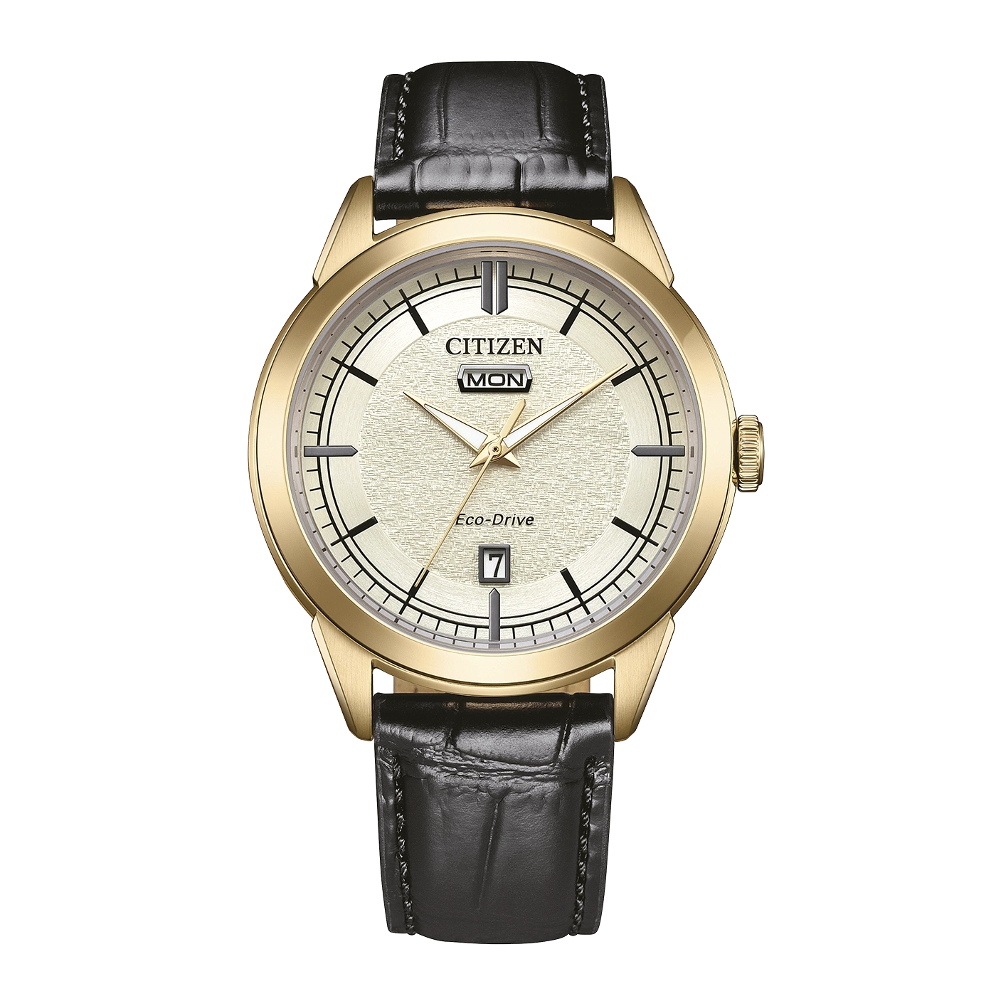 Een gouden Citizen Eco-Drive horloge met een zwarte leren band.