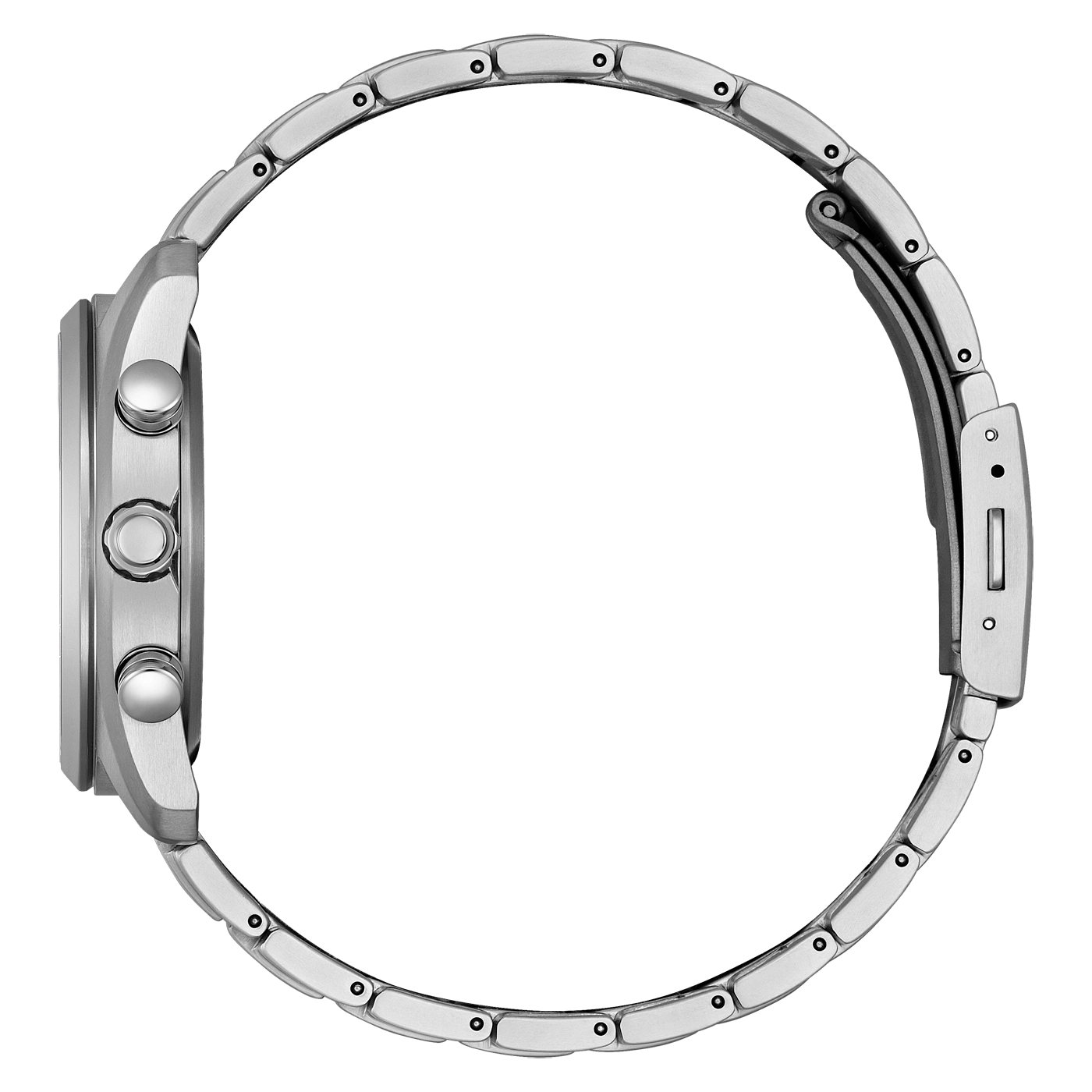 Zijaanzicht van een zilveren horloge met metalen band en knoppen.