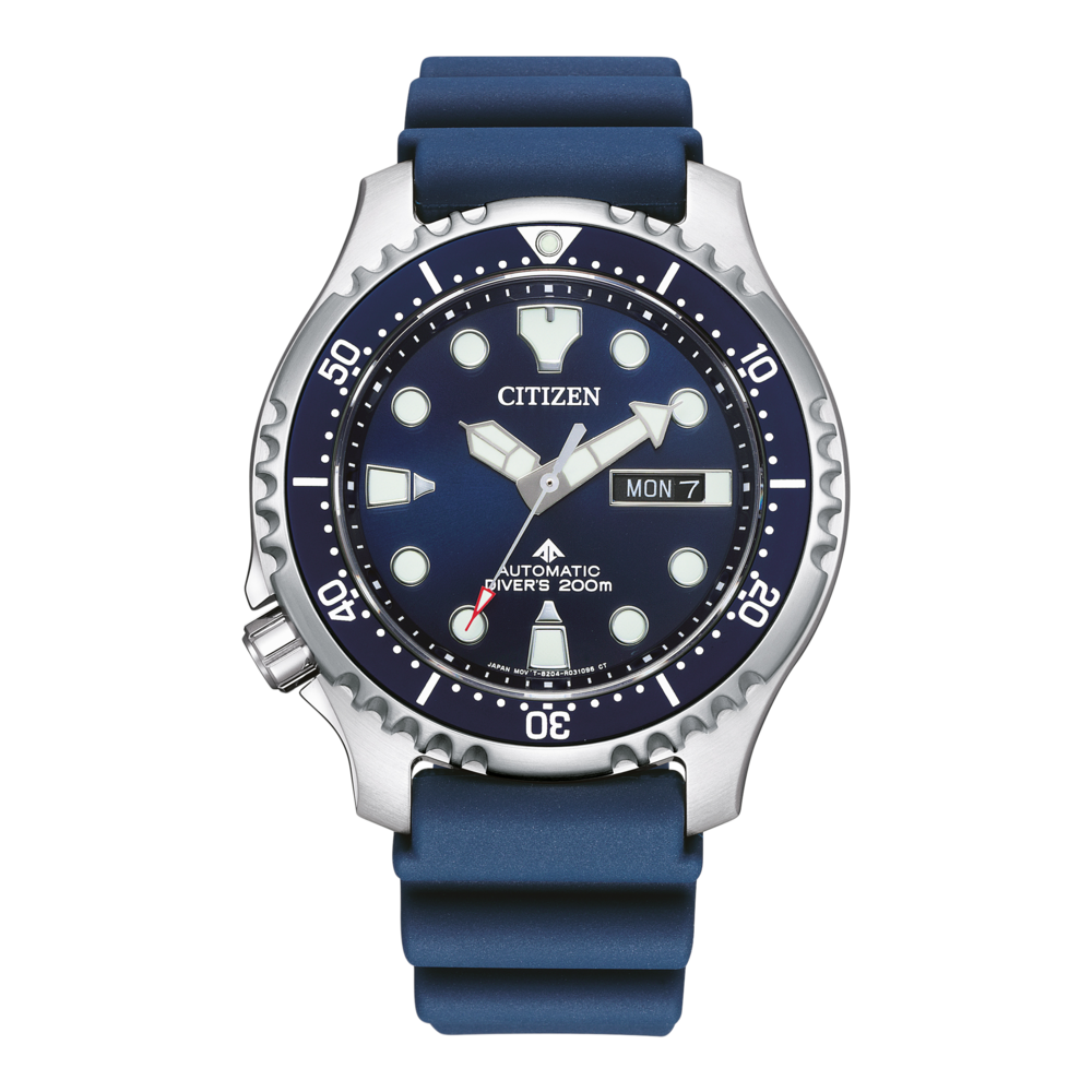 Citizen horloge met blauwe wijzerplaat en band, automatische duiker 200m, dagweergave.