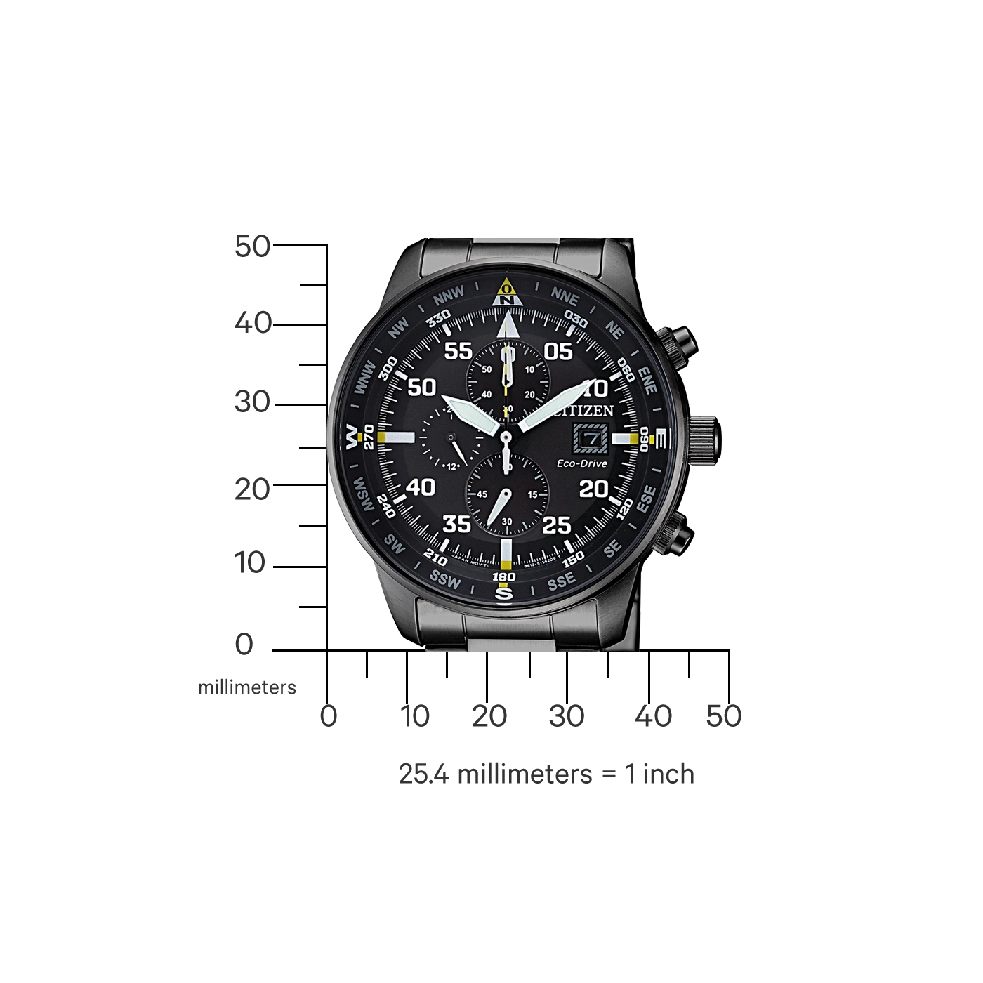 Zwart Citizen horloge met kompas en chronograaf functies, Eco-Drive technologie.