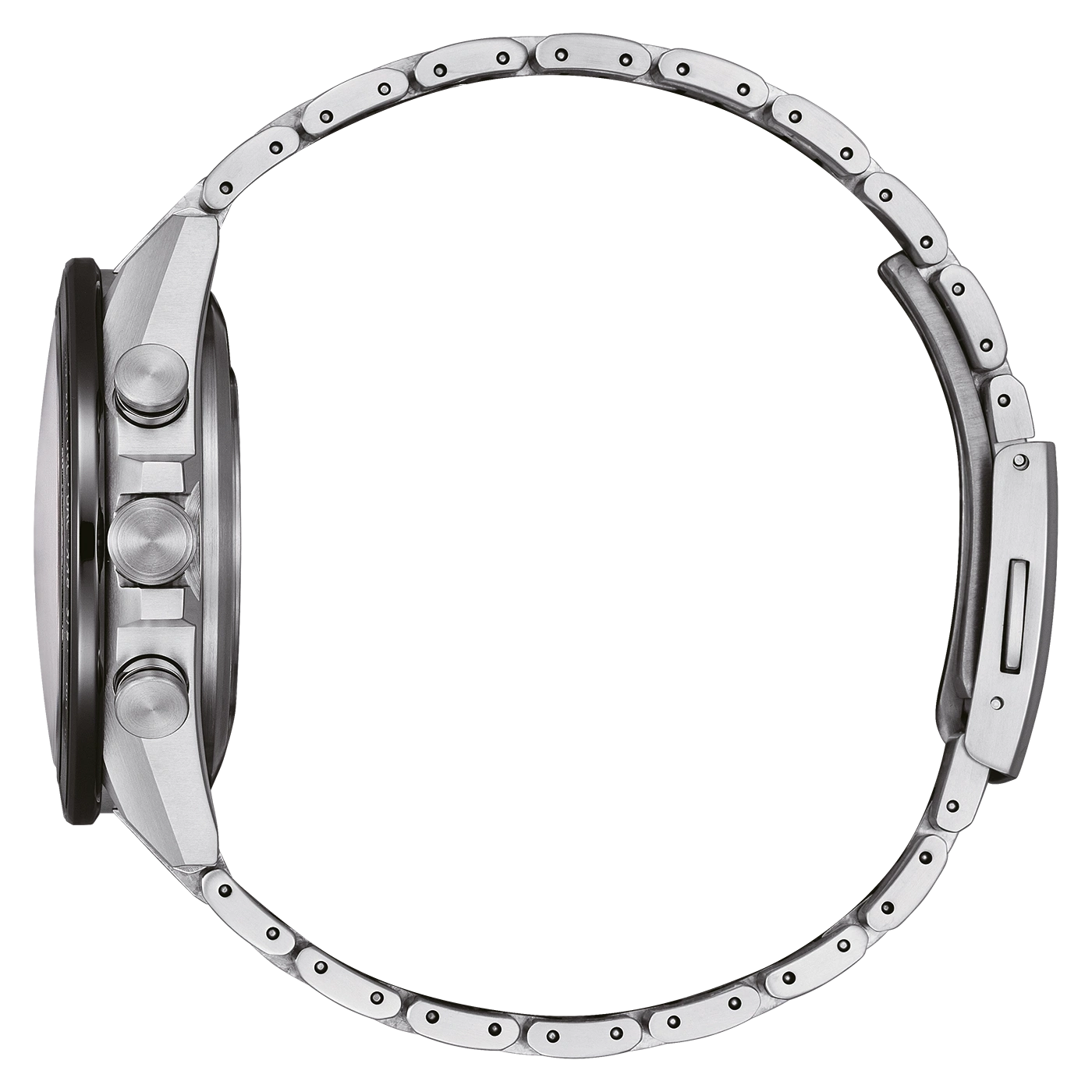 Zijaanzicht van een zilveren horloge met metalen band en chronograafknoppen.