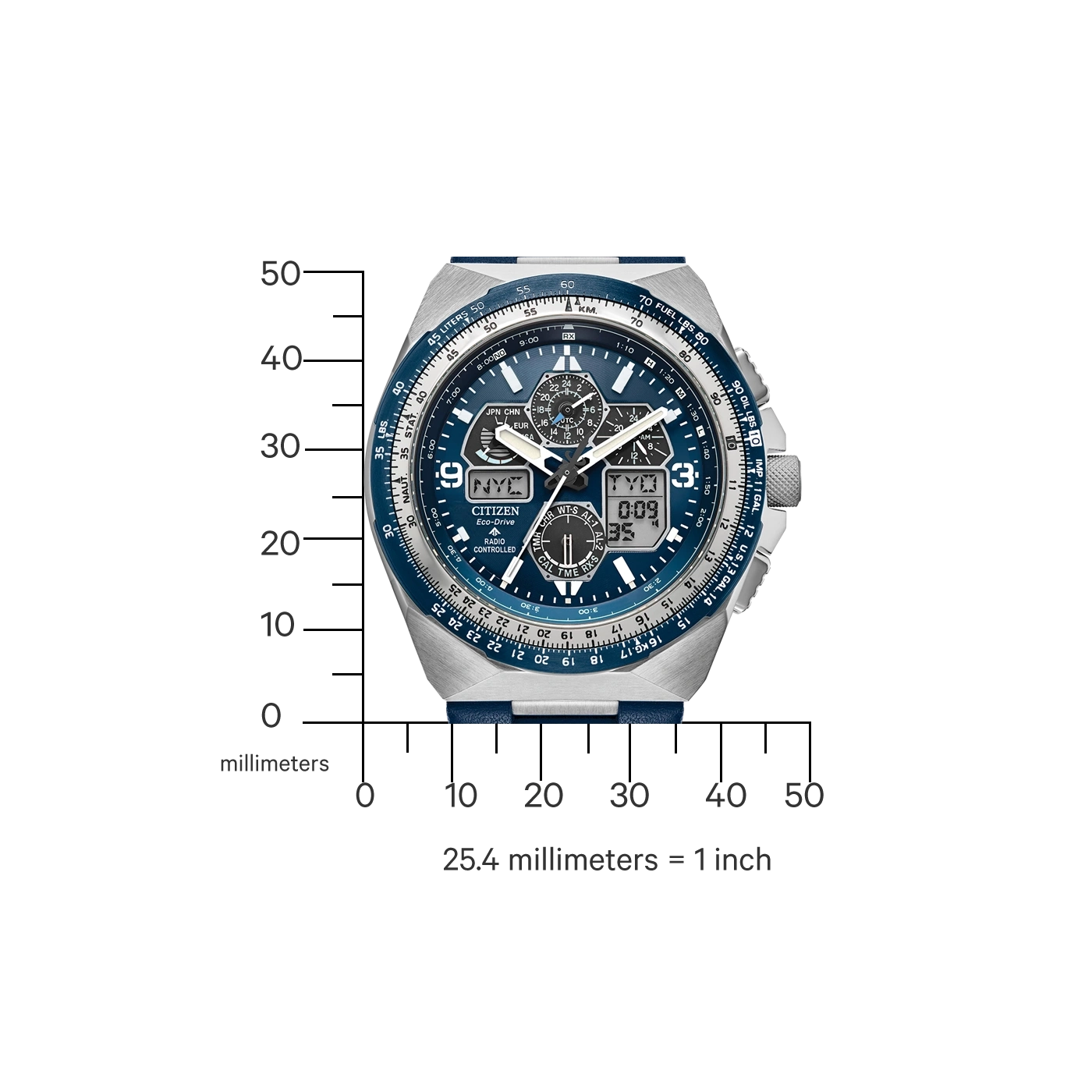 Citizen horloge met blauwe wijzerplaat en zilveren behuizing, toont tijd en datum.