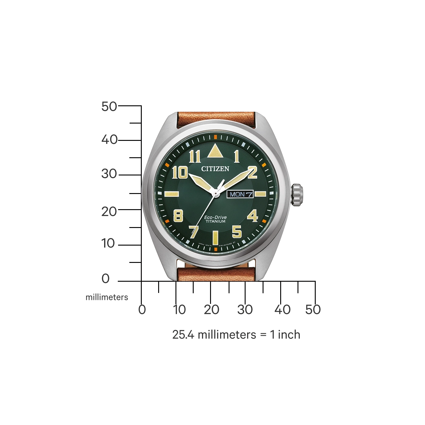 Citizen horloge met groene wijzerplaat, bruine leren band en titanium kast. Eco-Drive.