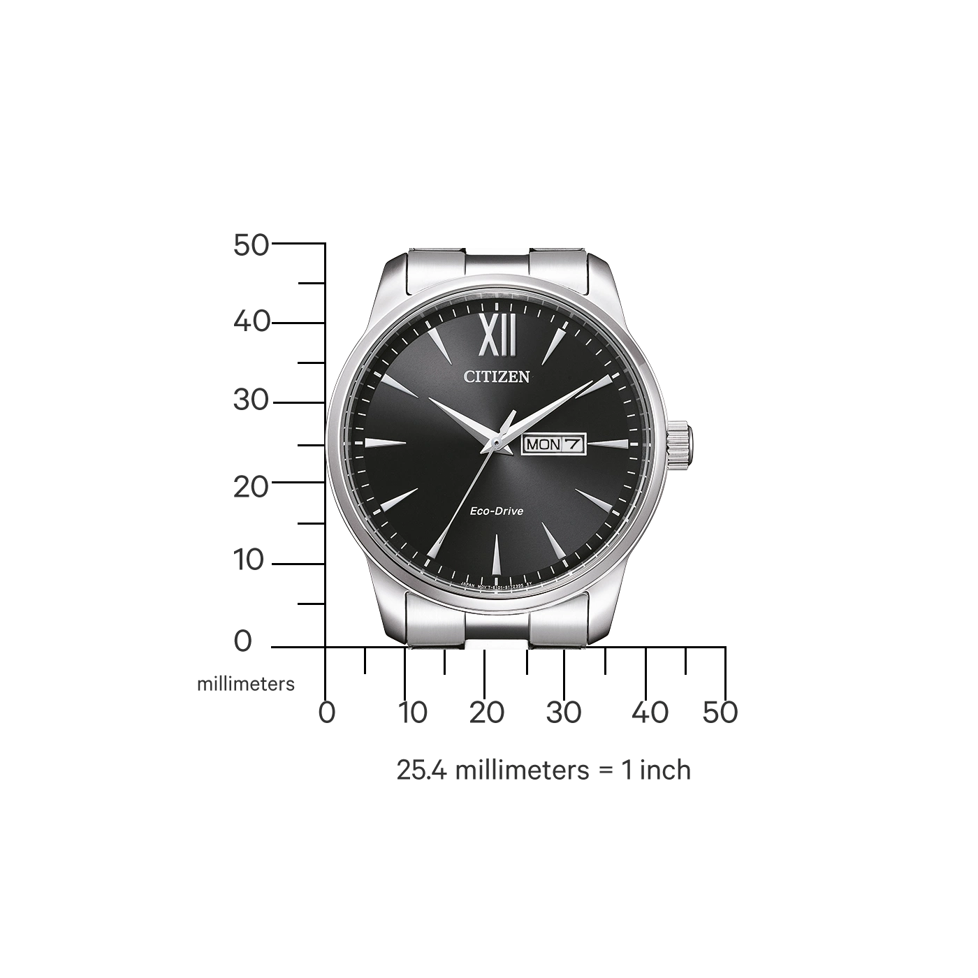 Citizen horloge met zwarte wijzerplaat, zilveren band en dag/datum weergave.