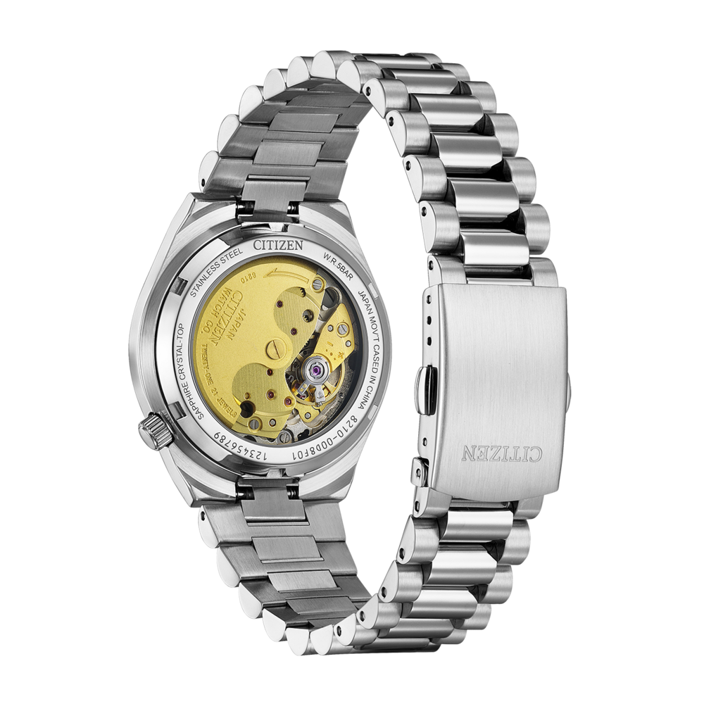 Citizen horloge achterkant, zichtbaar mechanisme, roestvrij staal, armband.