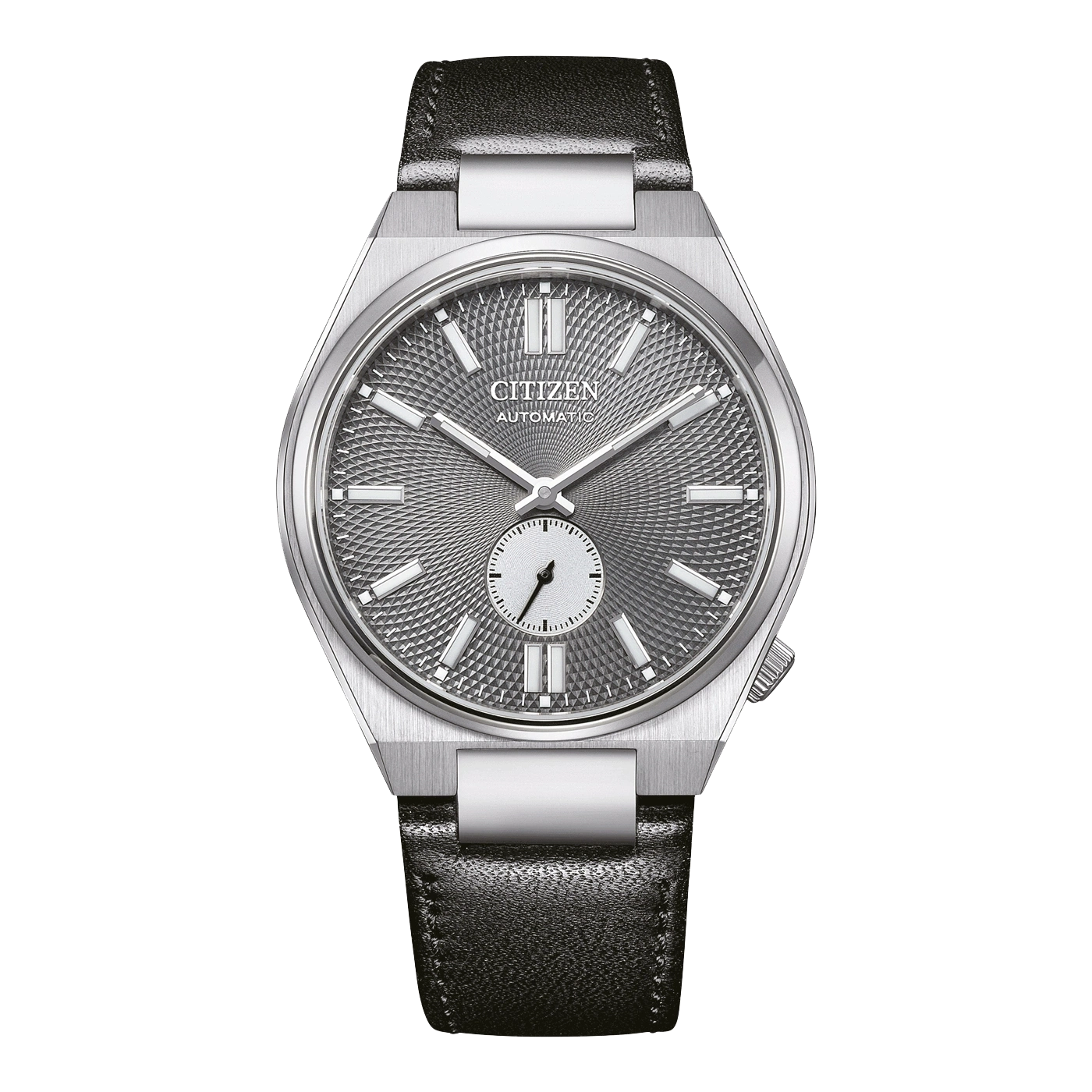 Citizen automatisch horloge met grijze wijzerplaat en zwarte leren band.
