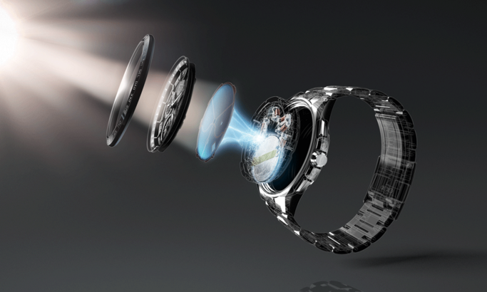 Horloge met explosietekening, die de interne componenten en het ontwerp toont.