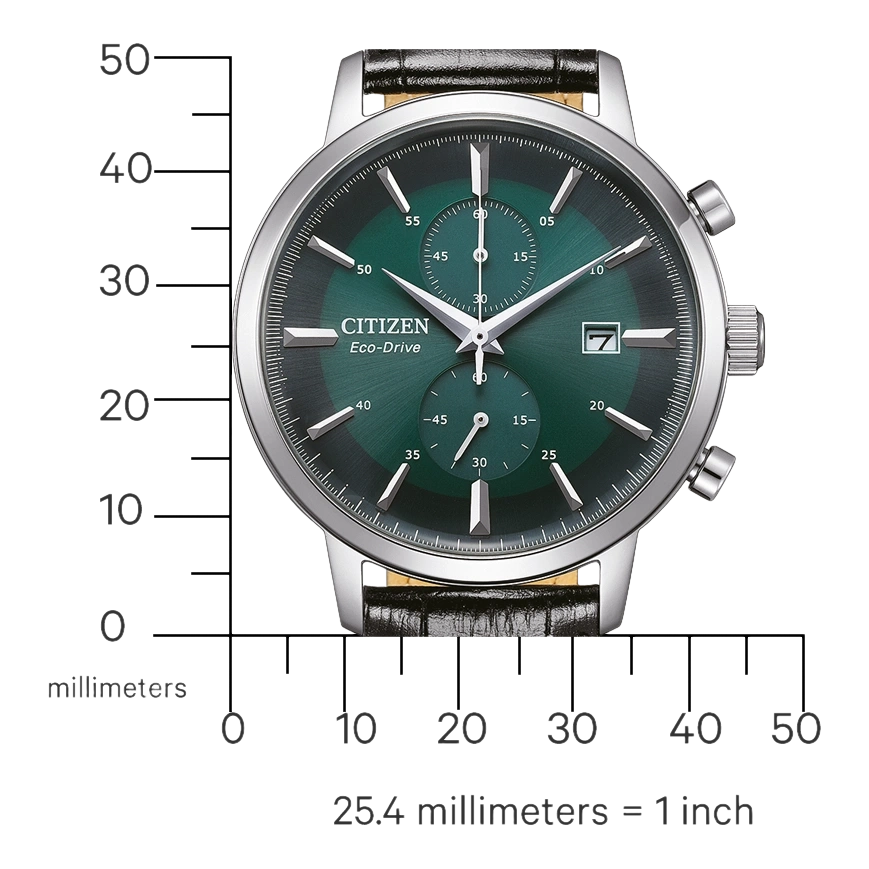 Citizen Eco-Drive horloge met groene wijzerplaat en zwarte leren band, zilveren kast.