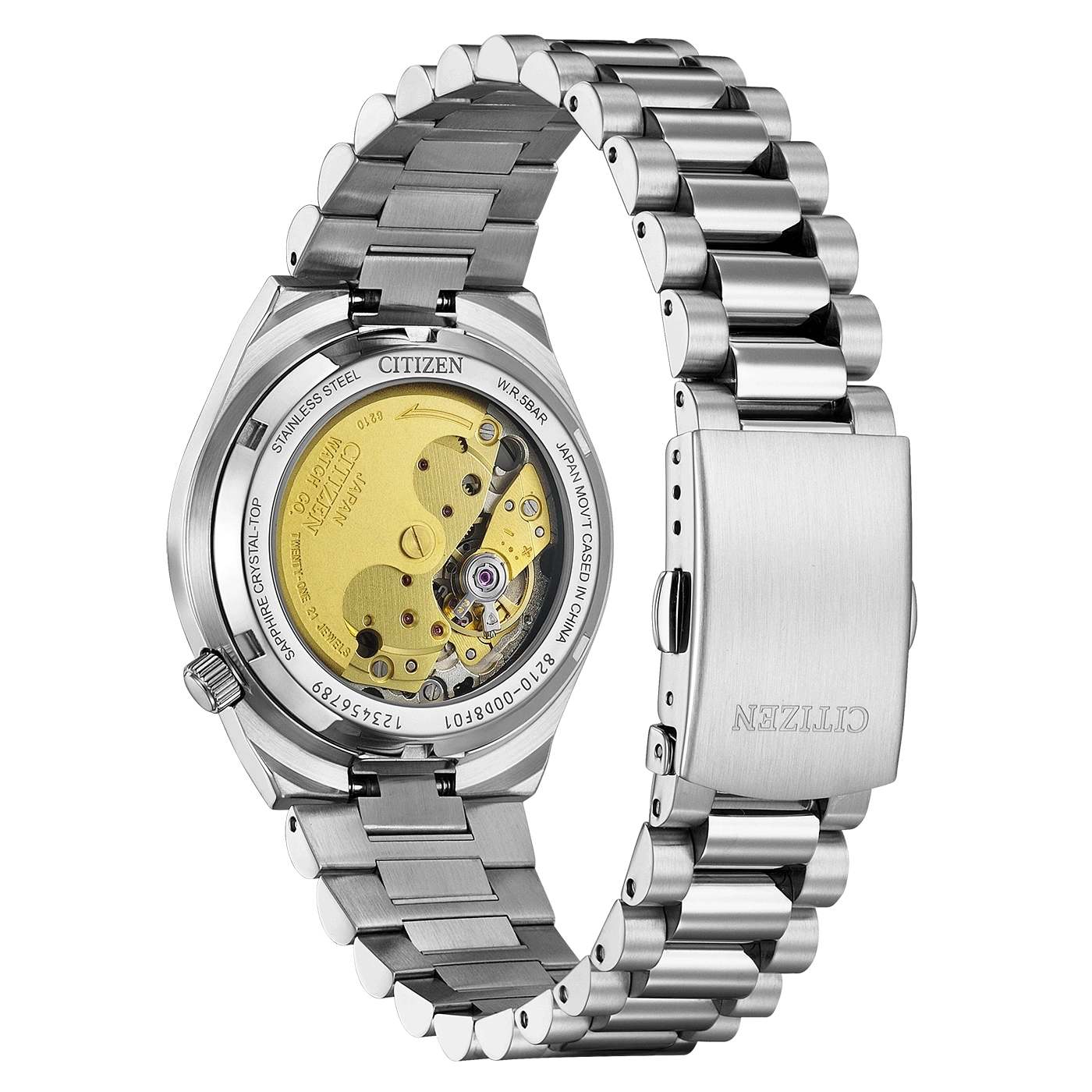 Achterkant van Citizen horloge met zichtbaar mechanisme, roestvrij staal en details van de sluiting.