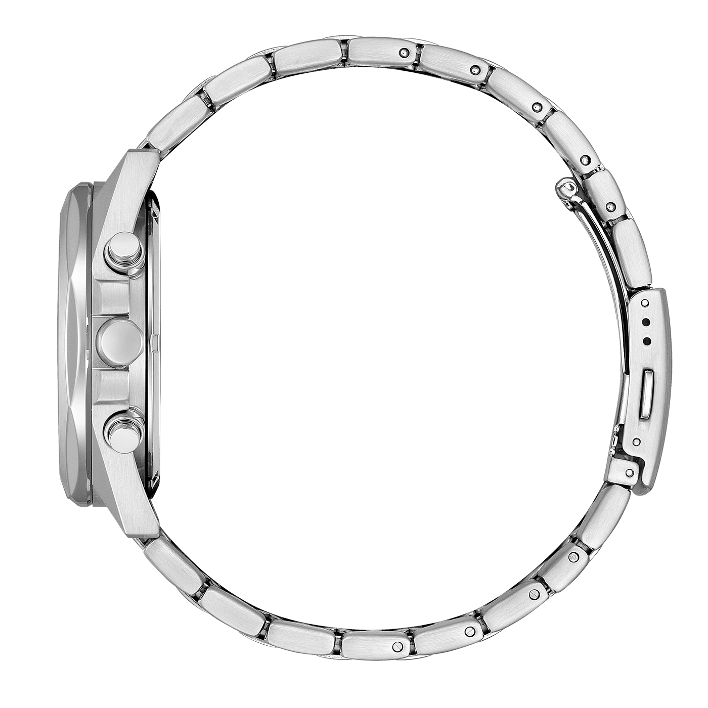 Zilveren horloge zijaanzicht, roestvrijstalen armband, chronograafknoppen, elegant ontwerp