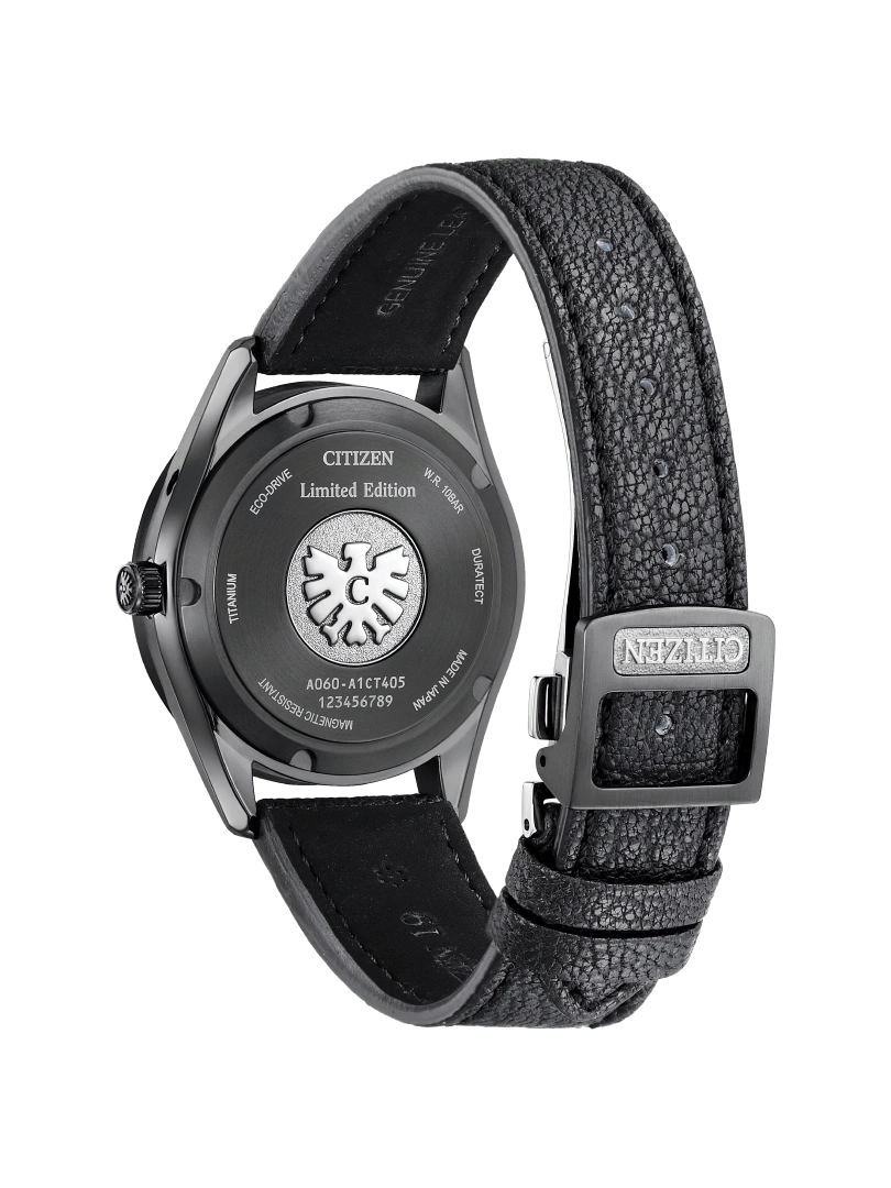 Citizen horloge achterkant, titanium, limited edition, leren band, zwart, Japans gemaakt