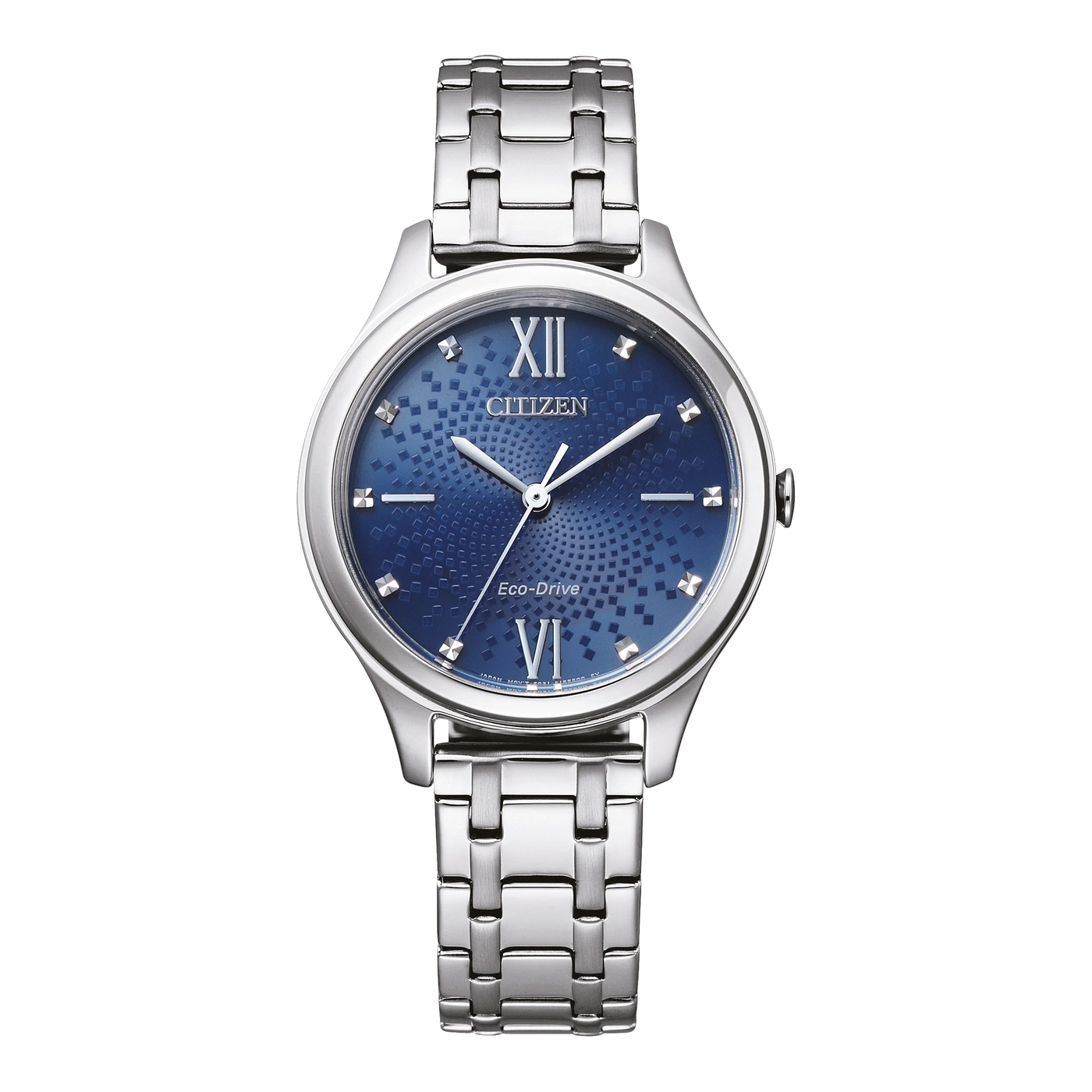 Citizen horloge met blauwe wijzerplaat en zilveren armband, Eco-Drive technologie.