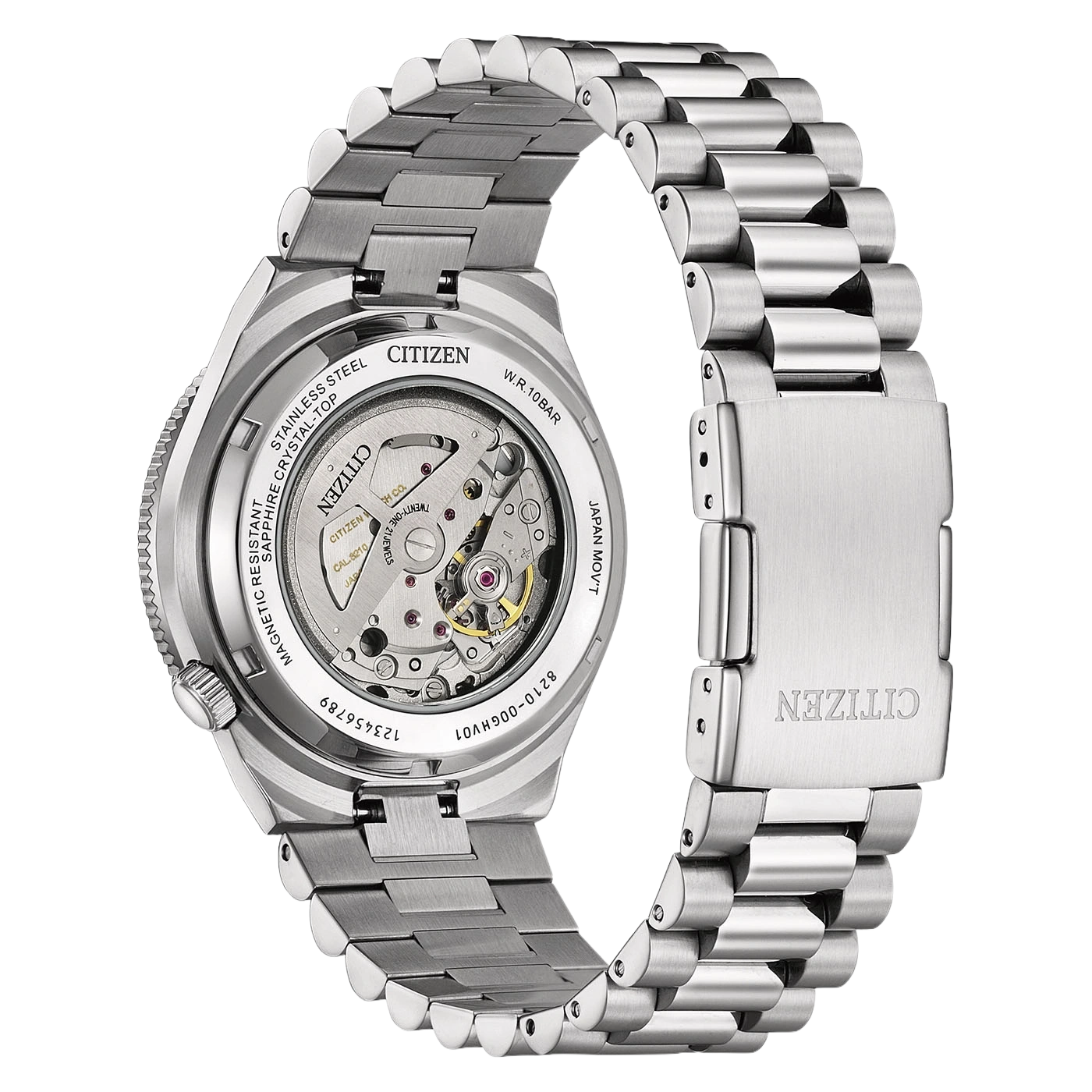 Achterkant van een roestvrijstalen Citizen horloge met een glazen achterdeksel dat het uurwerk toont.
