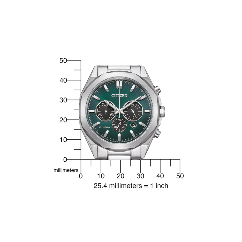Citizen horloge met groene wijzerplaat, zilveren band en chronograaf functies, gemeten in millimeters.
