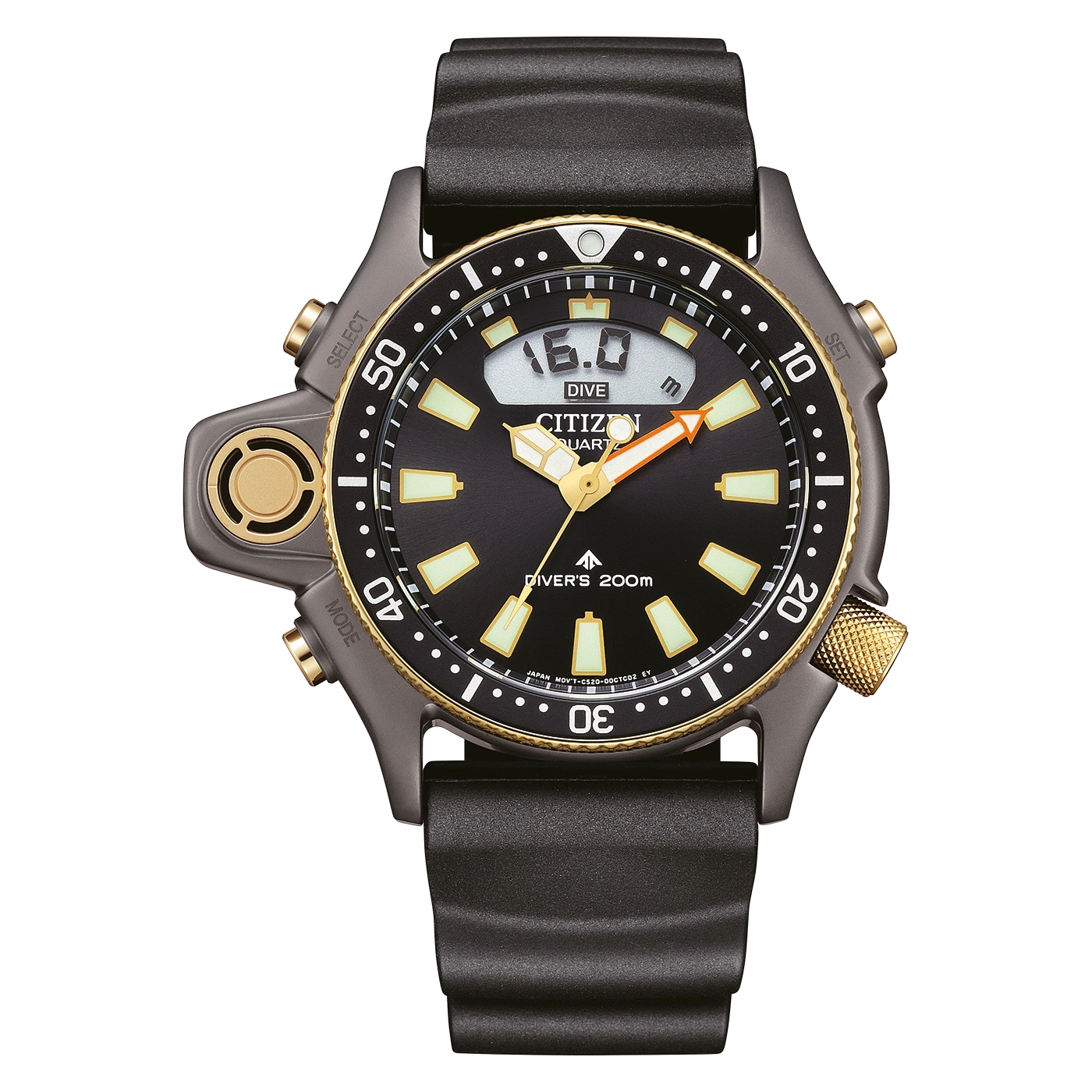 Zwart Citizen duikhorloge met gouden accenten en digitale display.
