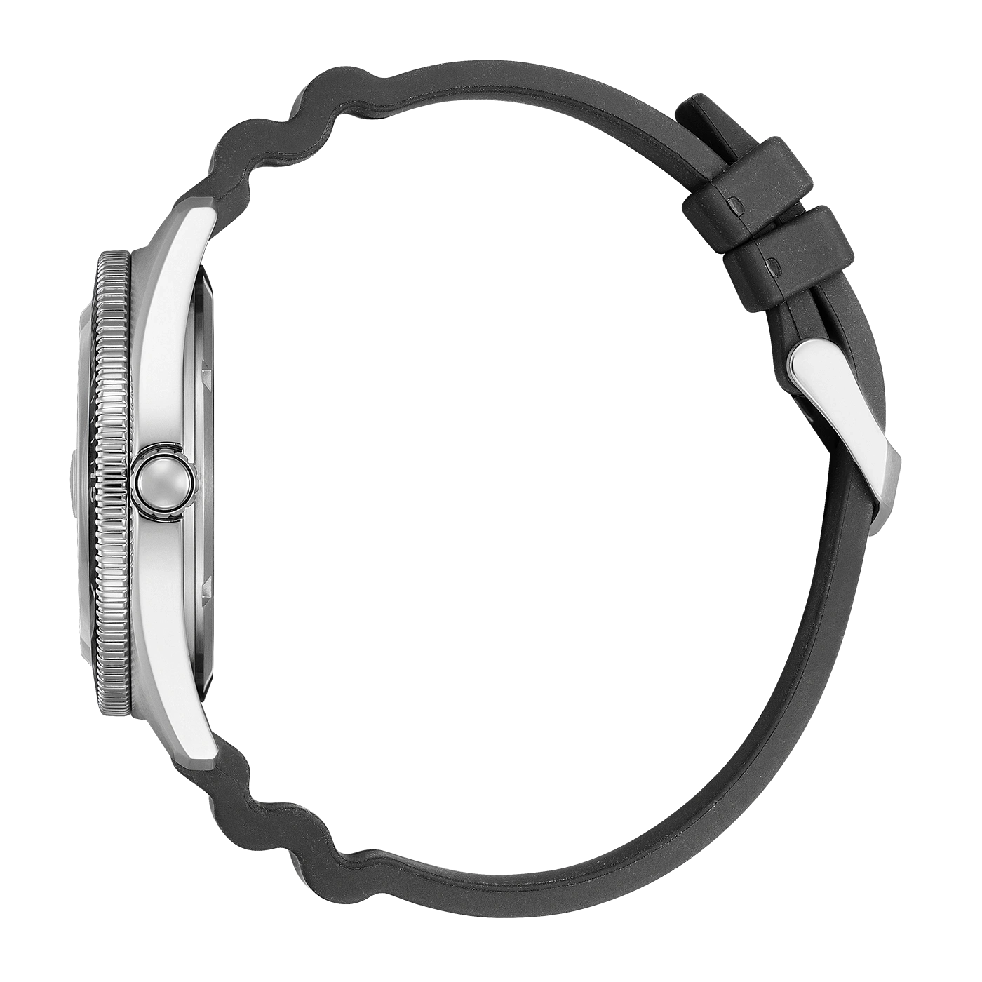 Zijaanzicht van een zilveren horloge met zwarte rubberen band