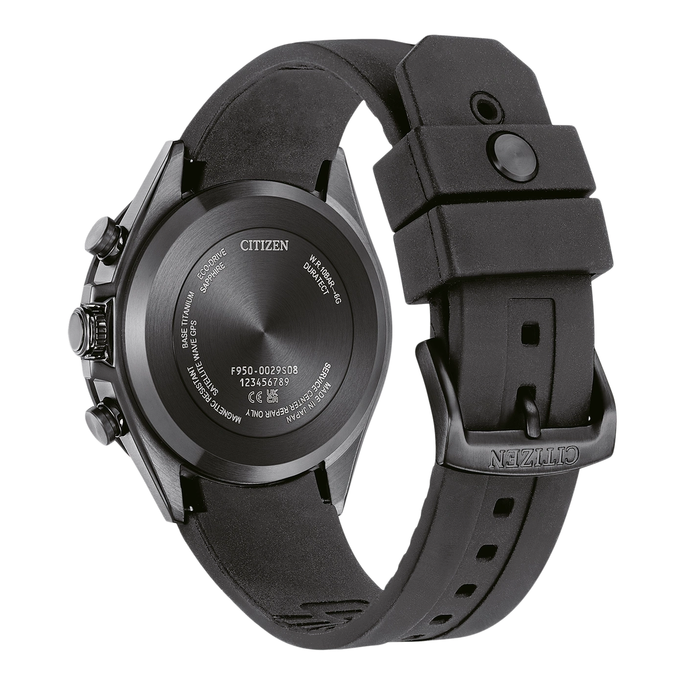 Zwart Citizen horloge met titanium basis, saffier en GPS-technologie.