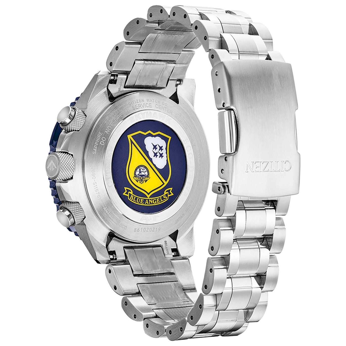 Citizen horlogerug met Blue Angels logo en metalen band.