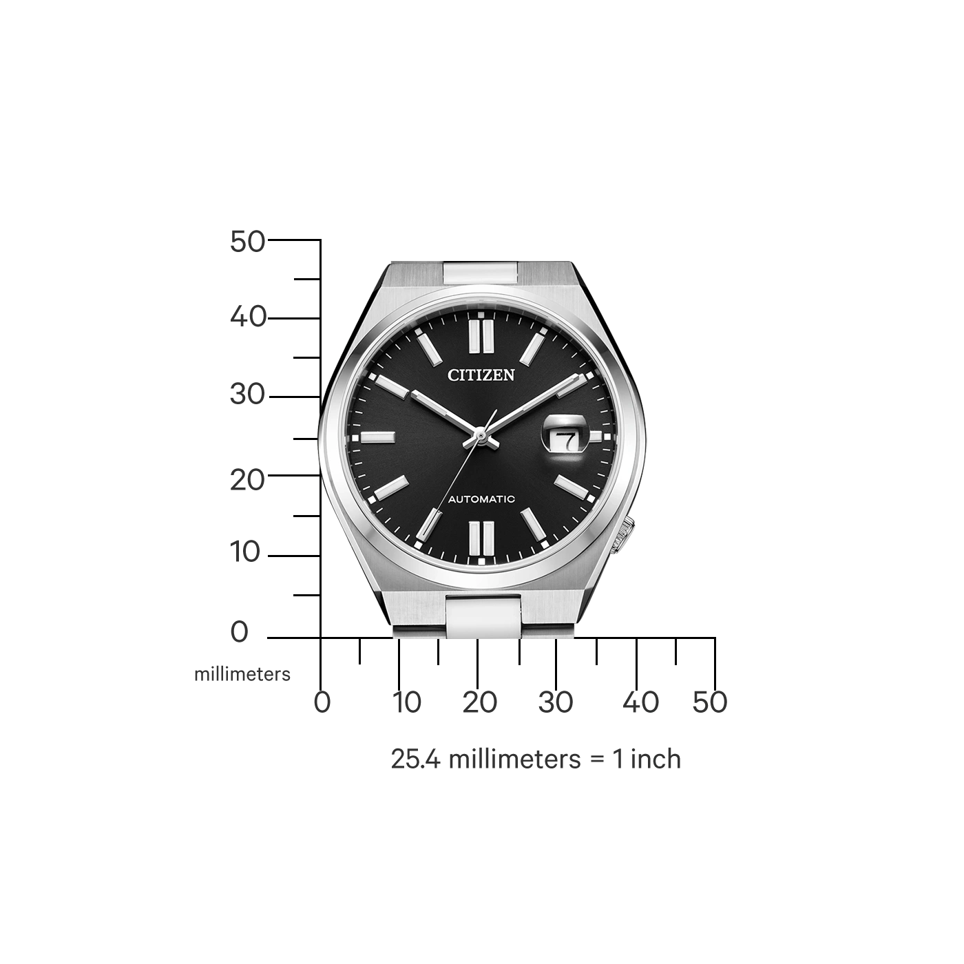 Citizen horloge met zwarte wijzerplaat, automatisch en zilveren band. Maatschaal inbegrepen.