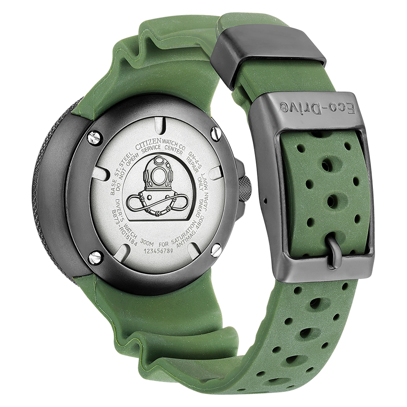 Citizen horlogerug met groene band, Eco-Drive, duikdetails en nummers.
