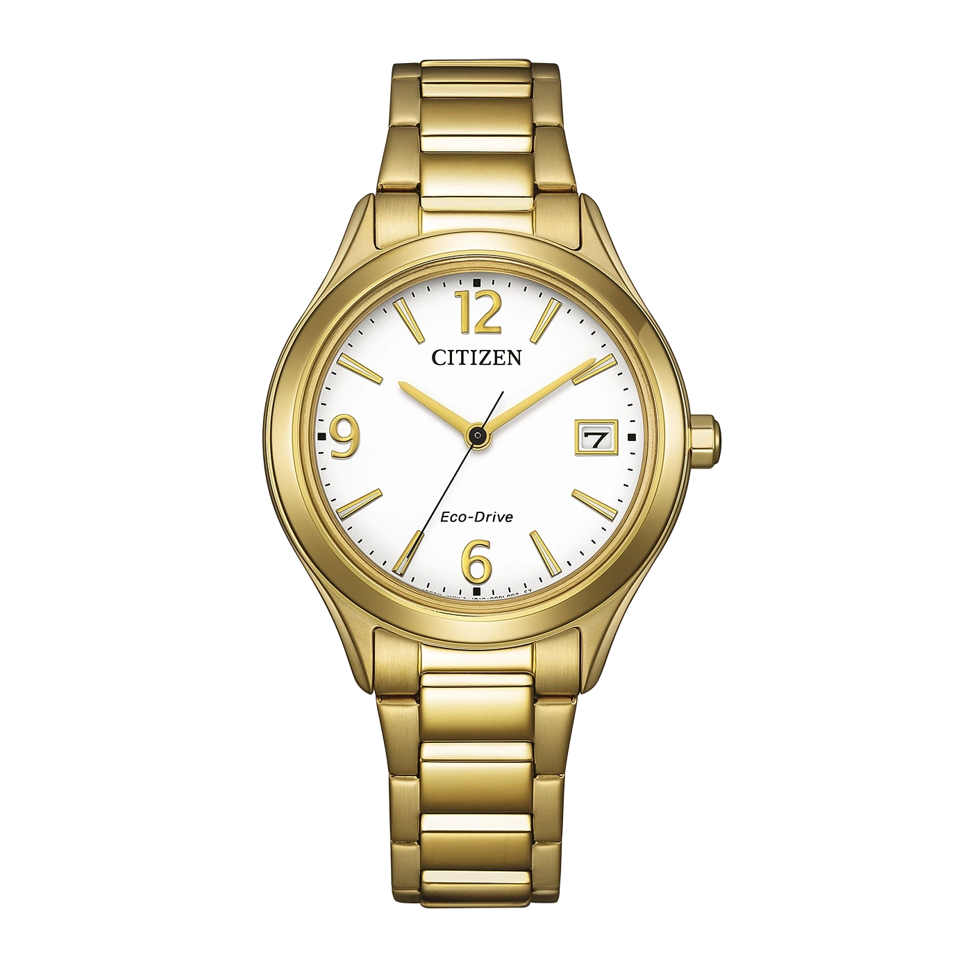 Een gouden Citizen Eco-Drive horloge met een witte wijzerplaat en datumvenster.