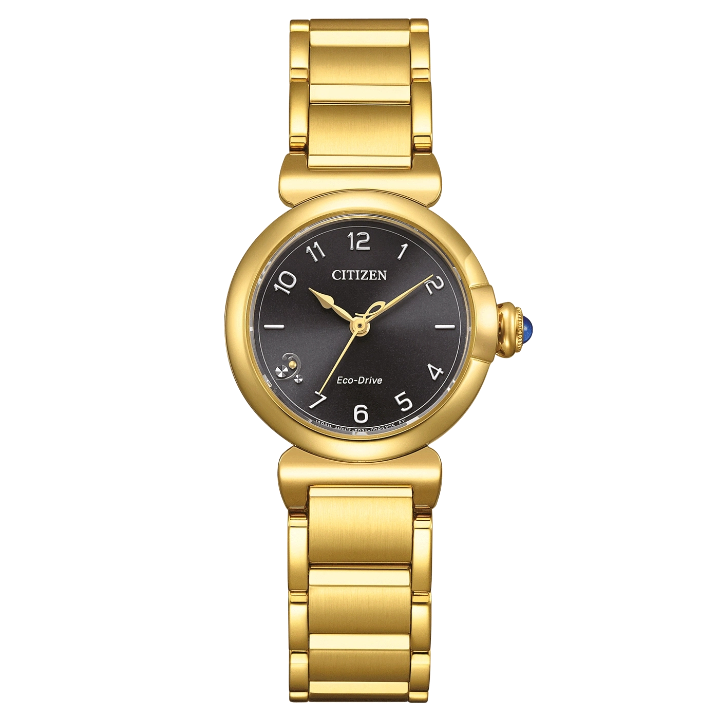 Gouden Citizen horloge met zwarte wijzerplaat en gouden armband, Eco-Drive.
