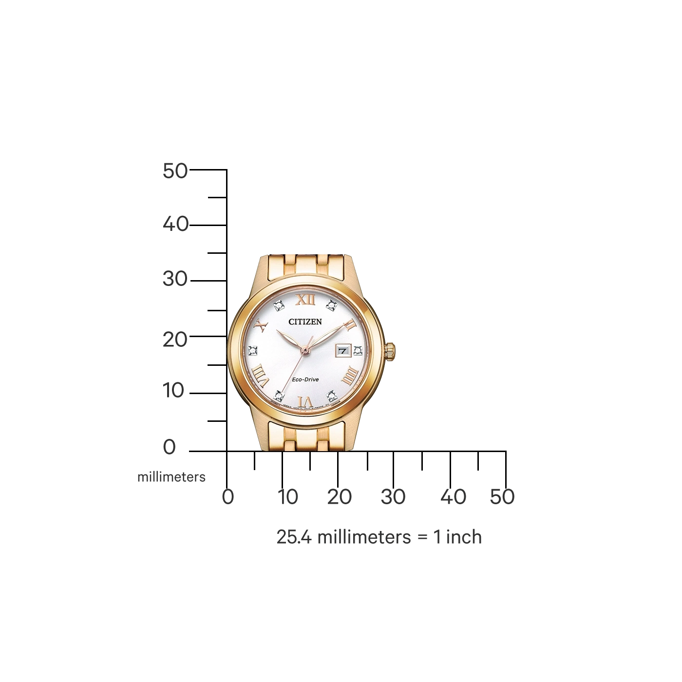 Gouden Citizen horloge met witte wijzerplaat, Romeinse cijfers en datumweergave, met schaal.