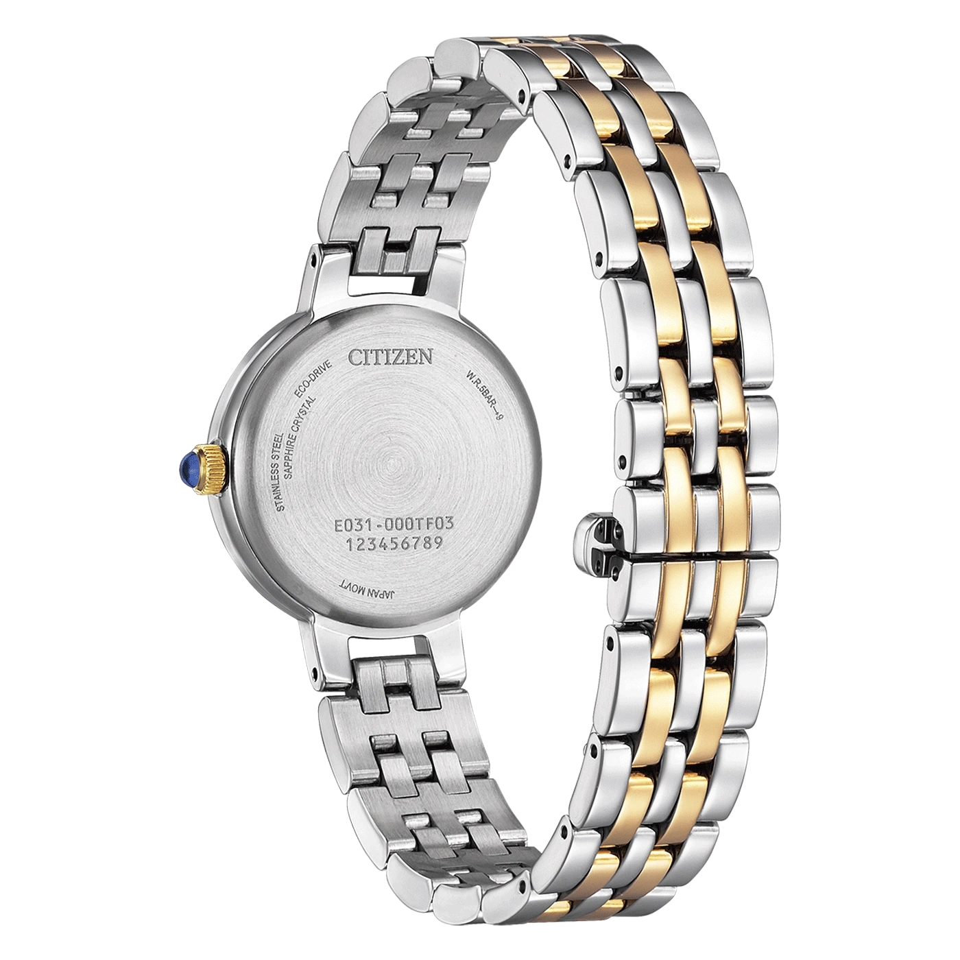 Citizen horlogekast, roestvrij staal, saffierkristal, Eco-Drive, Japans uurwerk, gouden accenten