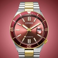 Close-up van een Citizen automatisch horloge met rode wijzerplaat en gouden accenten.
