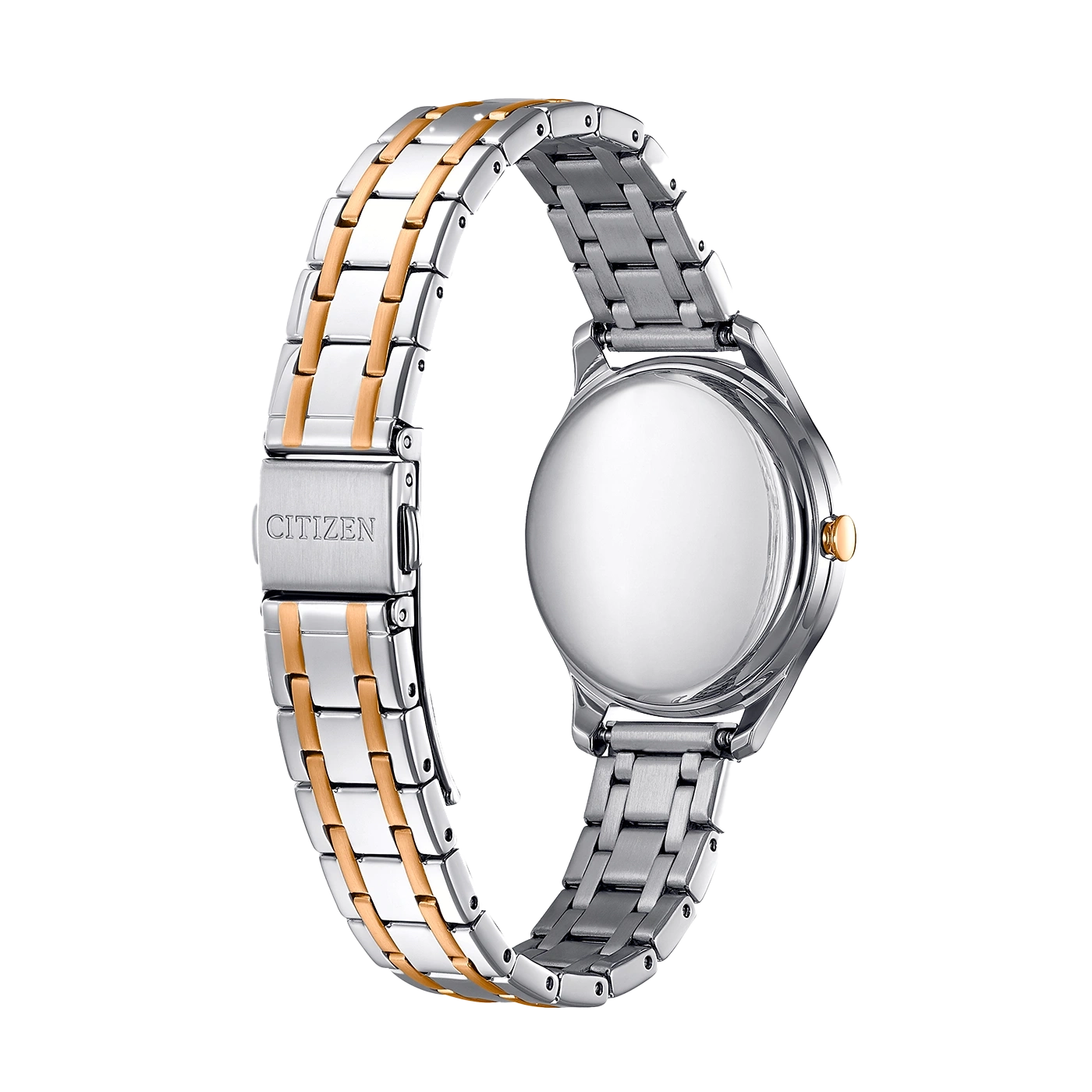 Citizen horloge achterkant, zilver en goud armband, close-up, elegant design, luxe