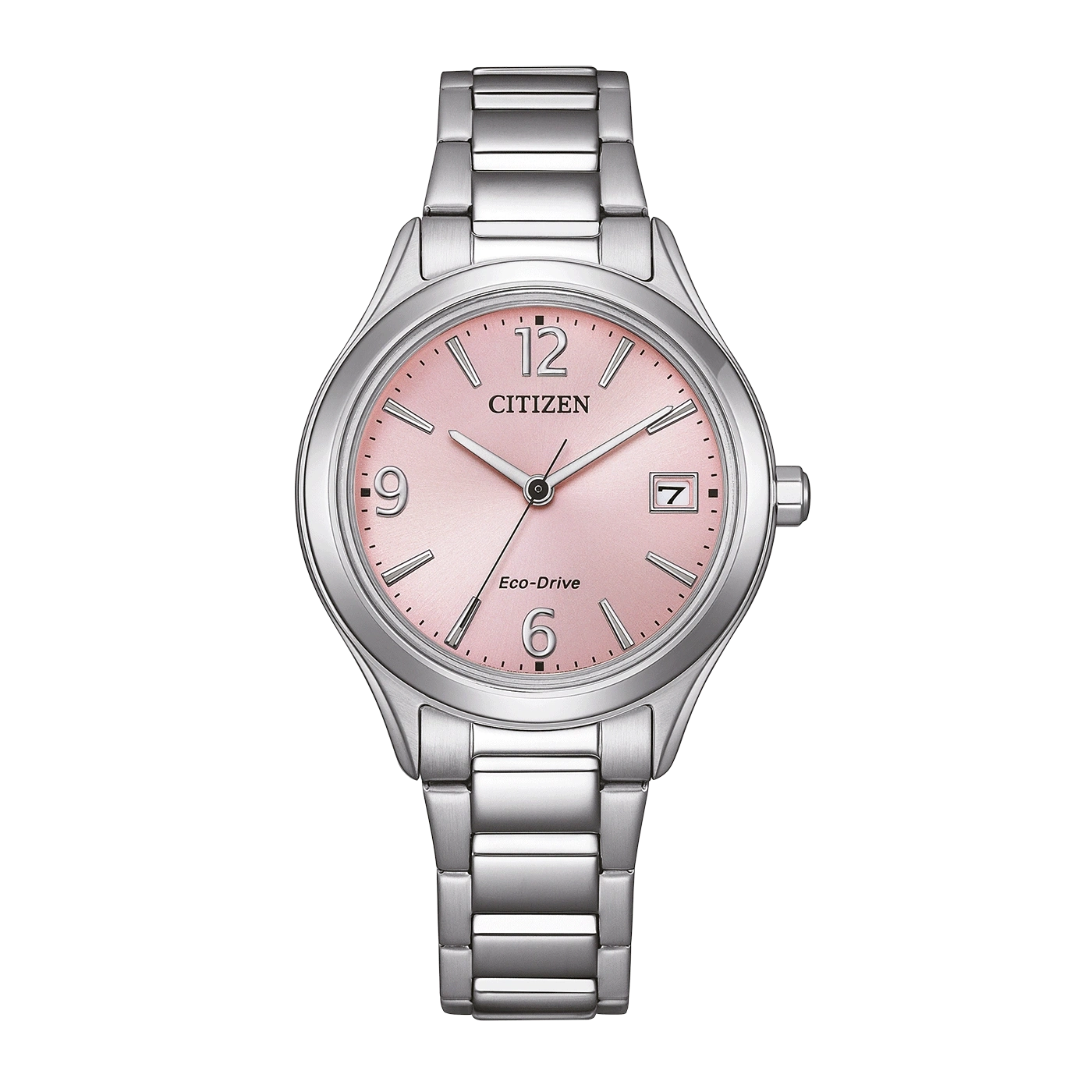 Een zilveren Citizen Eco-Drive horloge met een roze wijzerplaat en datumvenster.