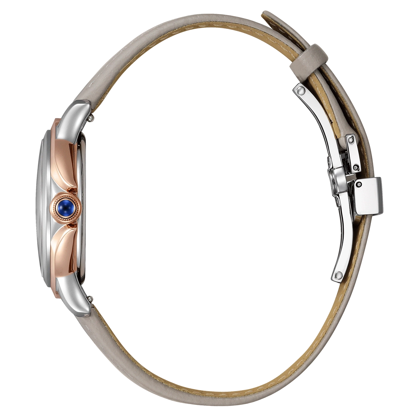 Zijaanzicht van een zilveren en roségouden horloge met een grijze leren band.