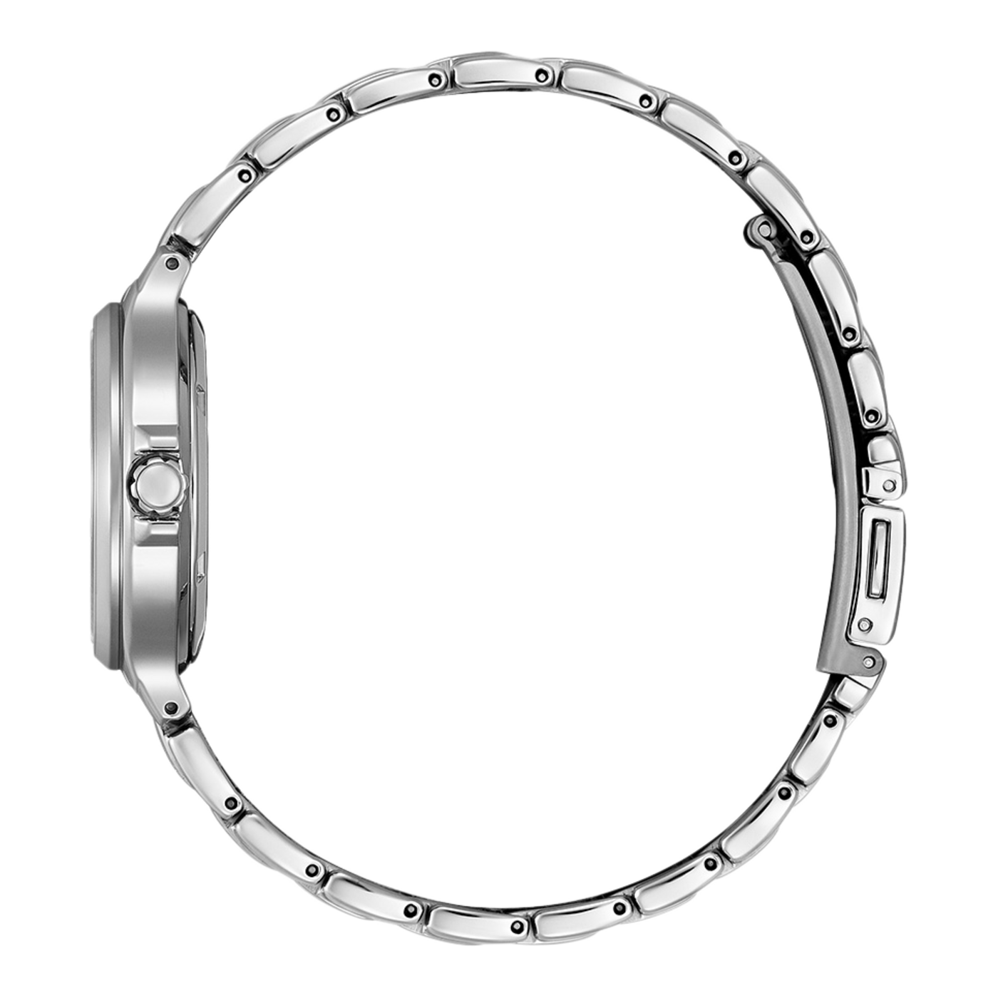 Zijaanzicht van een zilveren polshorloge met metalen band, elegant ontwerp.