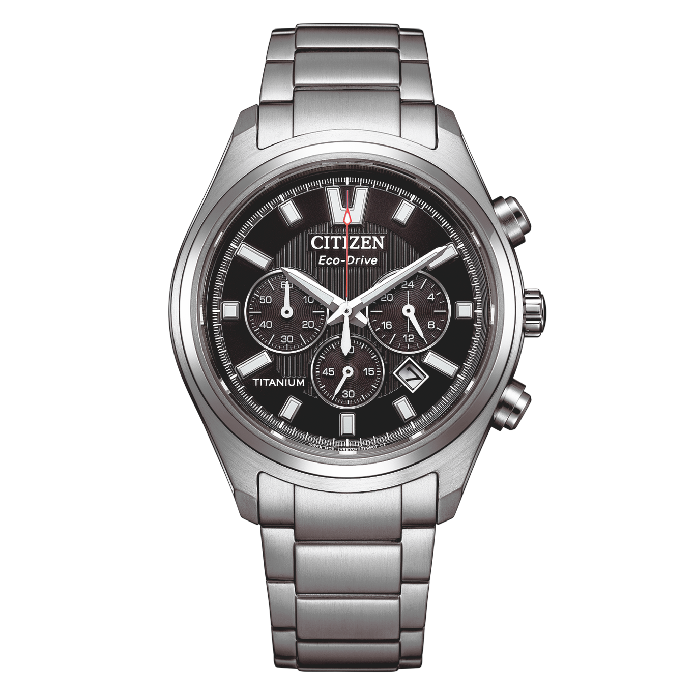 Een Citizen Eco-Drive chronograaf horloge van titanium met een zwarte wijzerplaat.